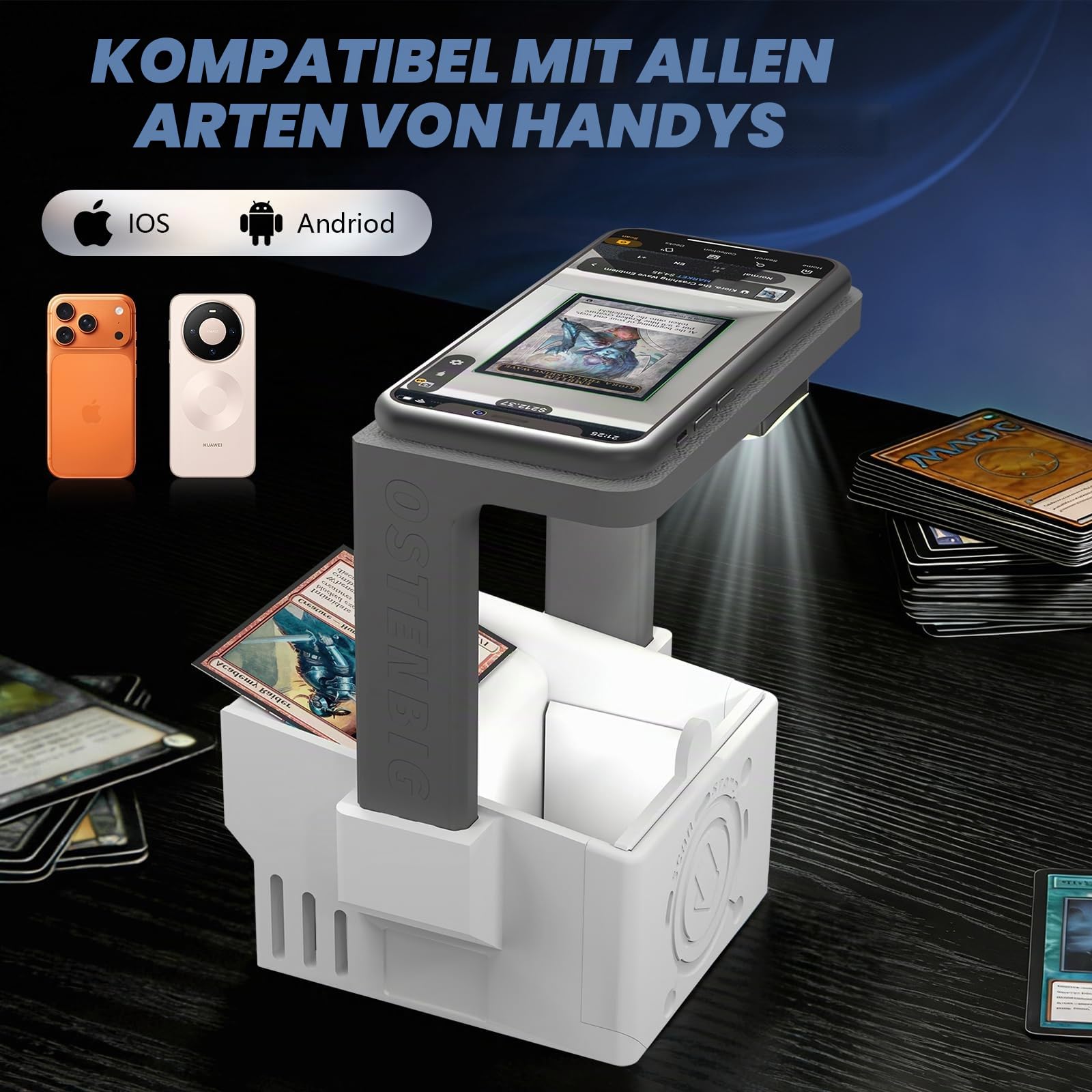 Card Scanner Pro Max - Card Scanner Ständer für MTG & TCG, Scan Sleeved & Unsleeved Sammelkarten, Telefonhalter mit wiederaufladbarem magnetischem Fülllicht, 3 Modi 6 Stufen, MTG Card Scanner Ständer