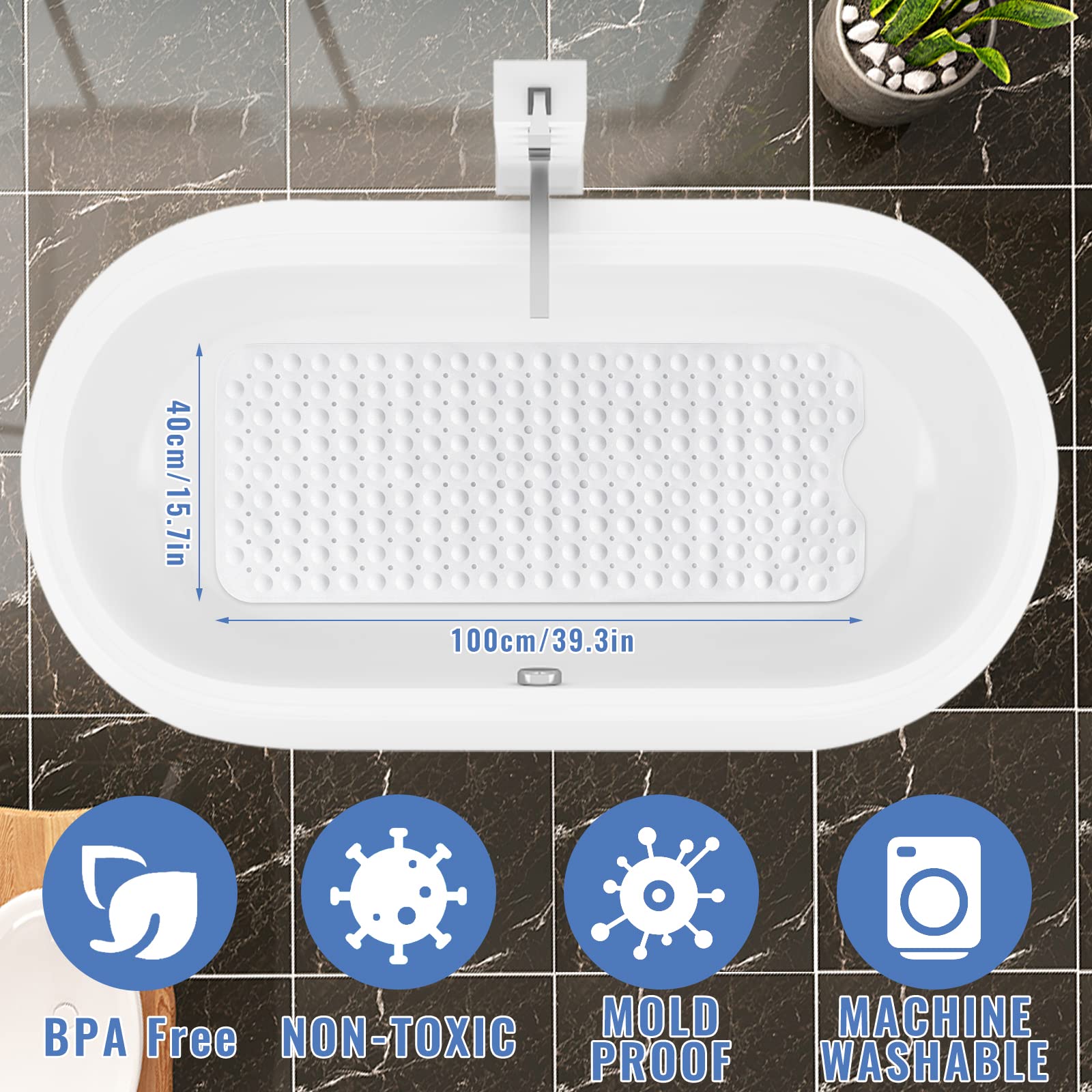 Tappetino Antiscivolo per Vasca da Bagno e Doccia,100 x 40cm Extra Lungo con Ventose Bath Mat Universale per Bagno, in PVC,Antibatterico,Resistente alla Muffa (Bianco)