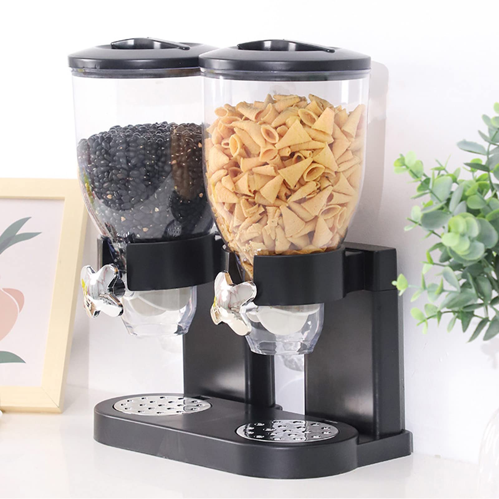 Syfunlv Distributeur de céréales double, 2 l, en plastique, céréales, bonbons, bonbons et céréales, récipient à flocons d'avoine, 29 x 35 x 16 cm (2 l, noir, double fût)