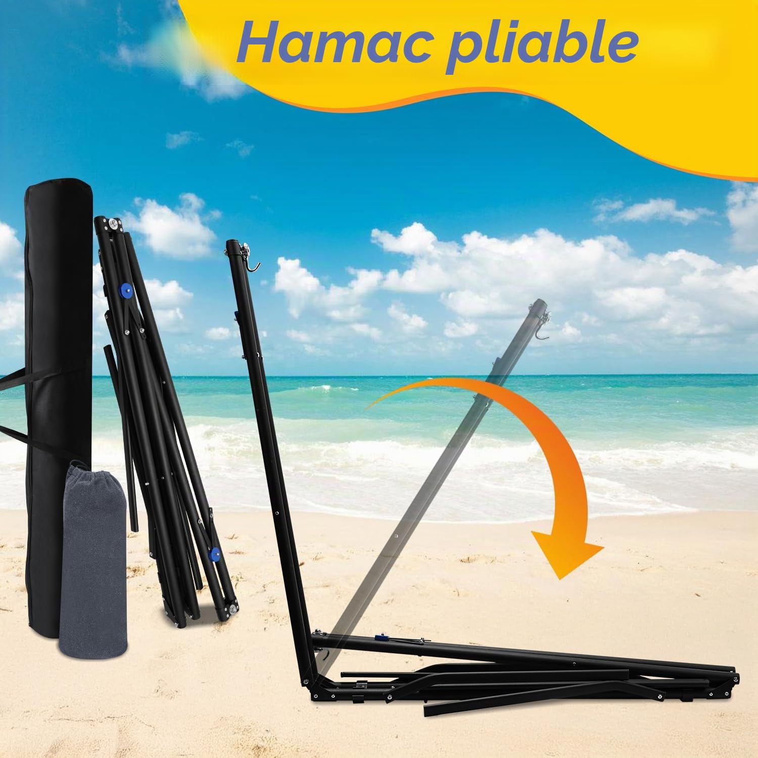 Hamac avec cadre en métal - Pliable - Jusqu'à 150 kg - Pour extérieur, camping, jardin, piscine, balcon - Fauteuil suspendu - Avec sac de transport - Structure en métal