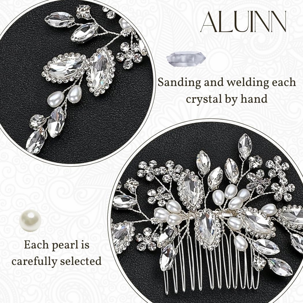 ALUINN Crystal Bride Hair Comb Pearl Hair Piece Rhinestone Wedding Bridal Hair Accessories for Women Brides and Bridesmaids (Silver) - Image 4