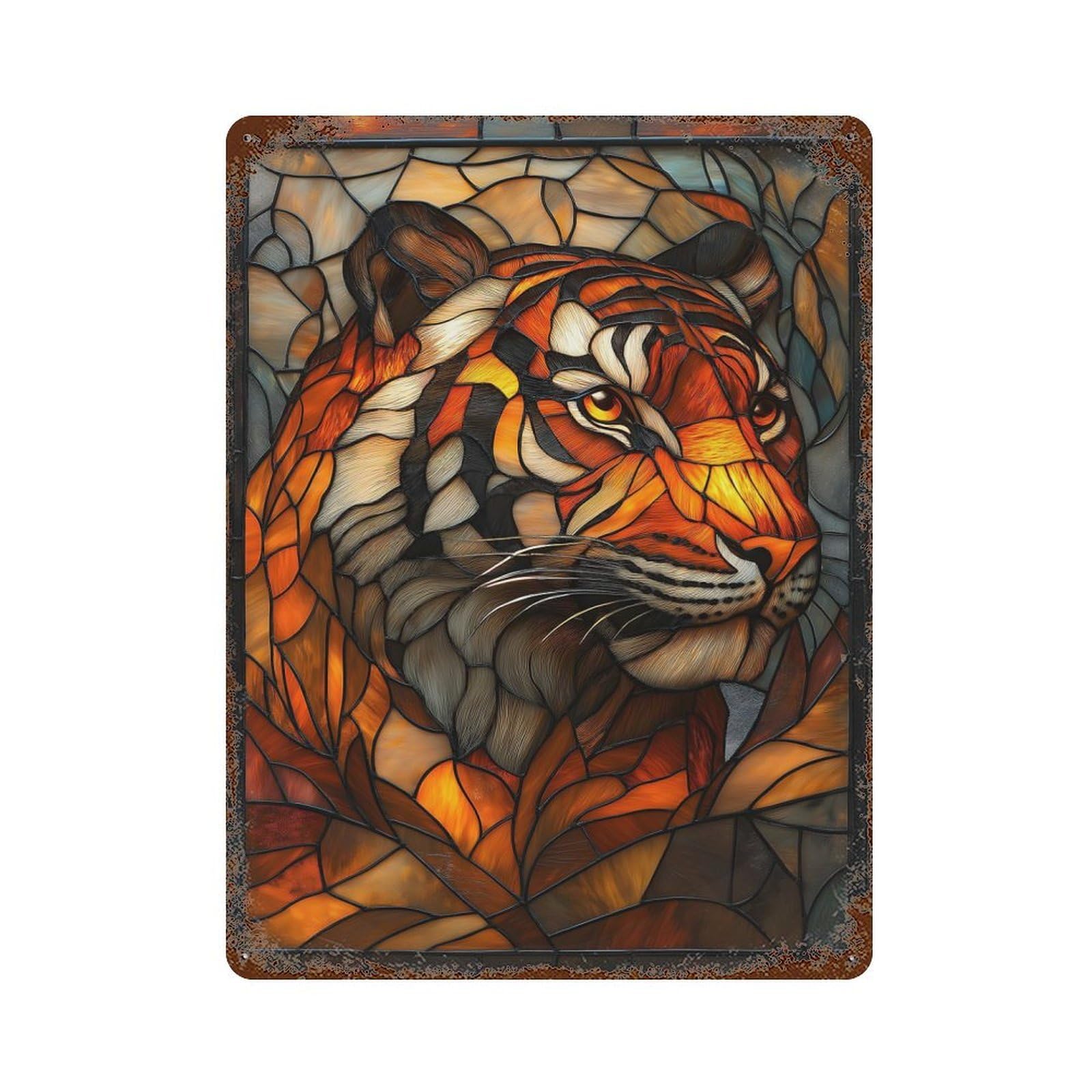 Garage Style Stained Glass Tiger Artwork Distressed Metal Wall Sign 15.7"x11.8", Decorative Metal Wall Art for Bar And Workshop