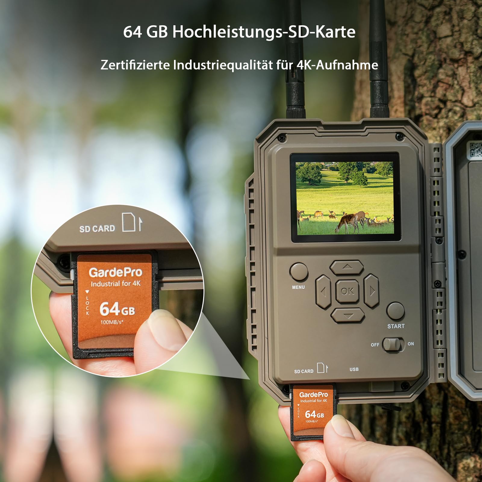 GardePro E8 2.0 Pro Wildkamera Doppelantenne WLAN mit 64GB SD Karte, 64MP H.264 4K Video Wiederaufladbare 7800mAh Akku, Mobilfunkübertragung, 30m Nachtsicht Bewegungsmelder 0,1s Trigge, IP66