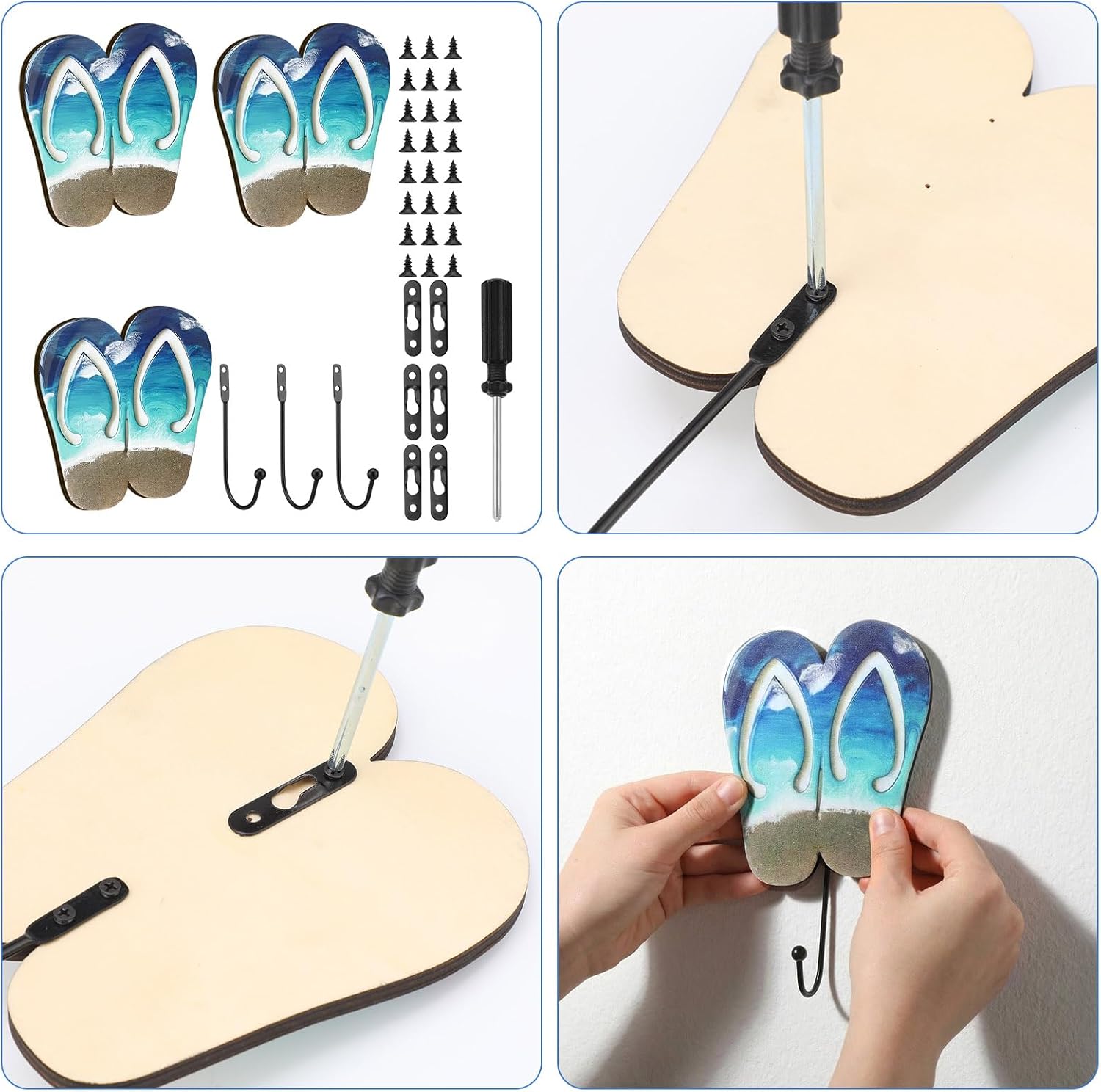 Novabright 3 Pcs Flip Flops Wall Hooks Wooden Summer Coastal Decor Beach Theme Towel Hooks for Hanging Coat Wall Mounted Decorative Rack Hangers for Beach Swimming Pool Bathroom Bedroom Decoration