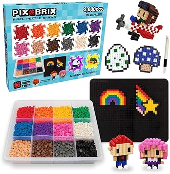 Pix Brix Pixel Art kit Puzzle Bricks - 3,000 Piece Pixel Art Container, 12 Color Dark Palette - Interlocking Building Bricks, Create 2D and 3D Builds Without Water or Glue - Stem Toys, Ages 6 Plus