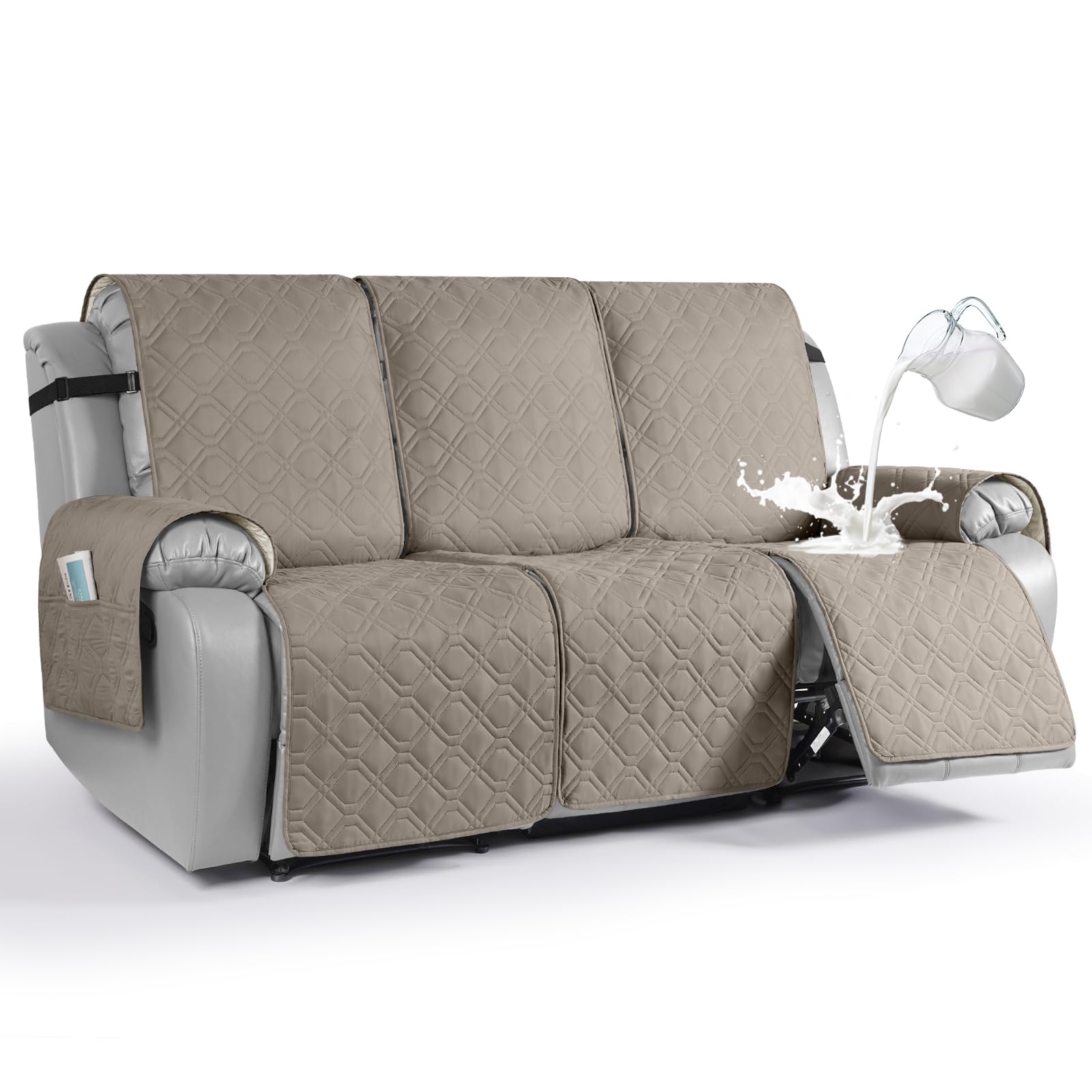Waterproof Recliner Couch Covers, Sofa Covers 1-Piece Washable Reclining Sofa Cover Non-Slip Furniture Protector with Elastic Straps Pocket for Dogs, Pets(Khaki,3 Seater)