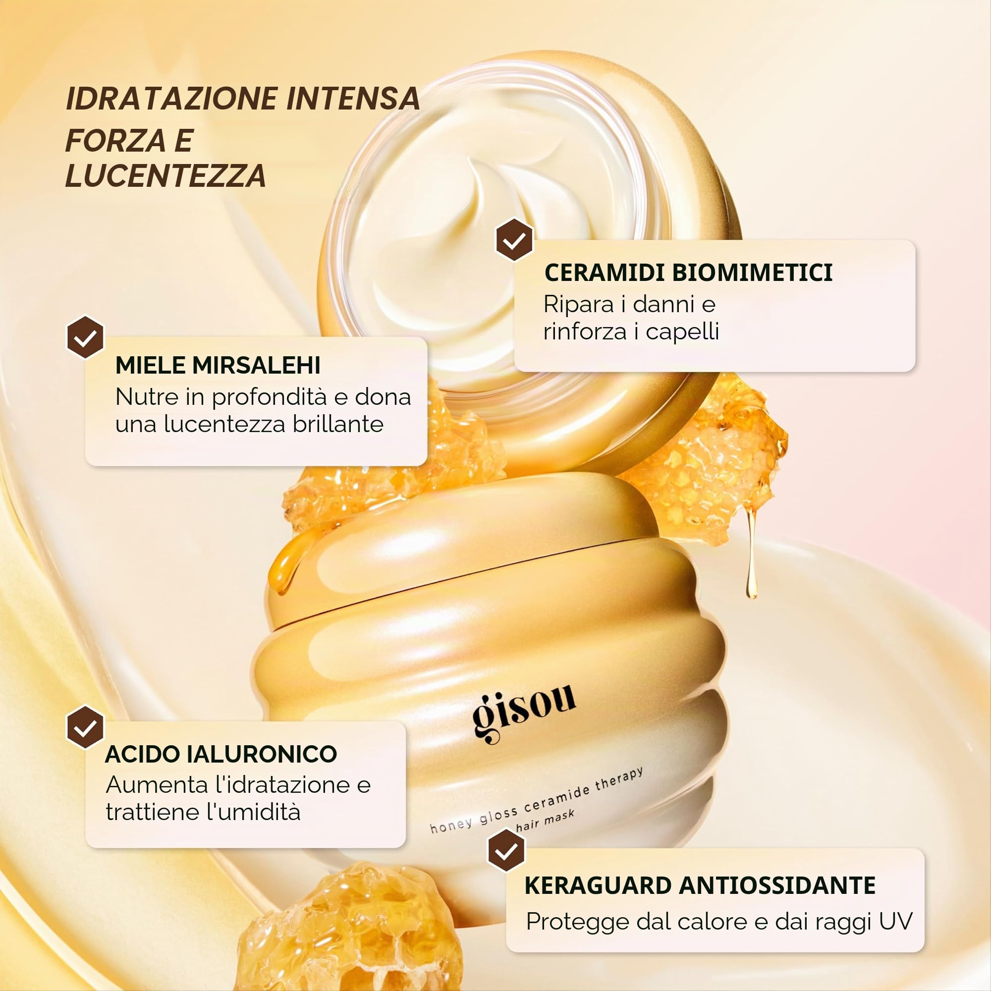 Gisou Maschera Capelli Miele Gloss Con Ceramidi: Riparazione E Idratazione Profonda Con Miele Di Mirsalehi, Ceramidi E Acido Ialuronico, 225 Ml