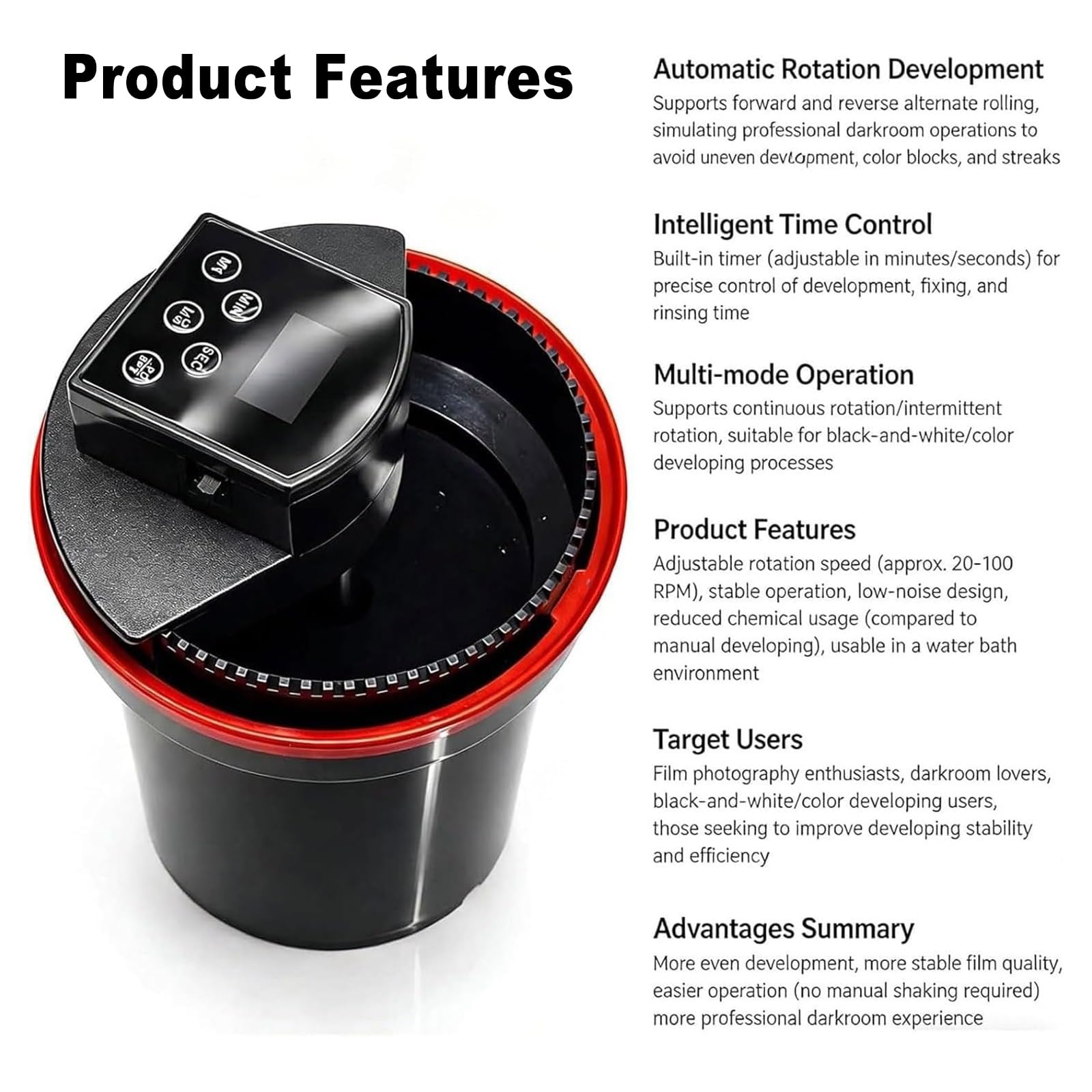 Kit Profesional de revelado de película, procesador automático con Tiempo y Velocidad Ajustables, Equipo de revelado para Cuarto Oscuro en Blanco y Negro, Tanque de revelado estándar