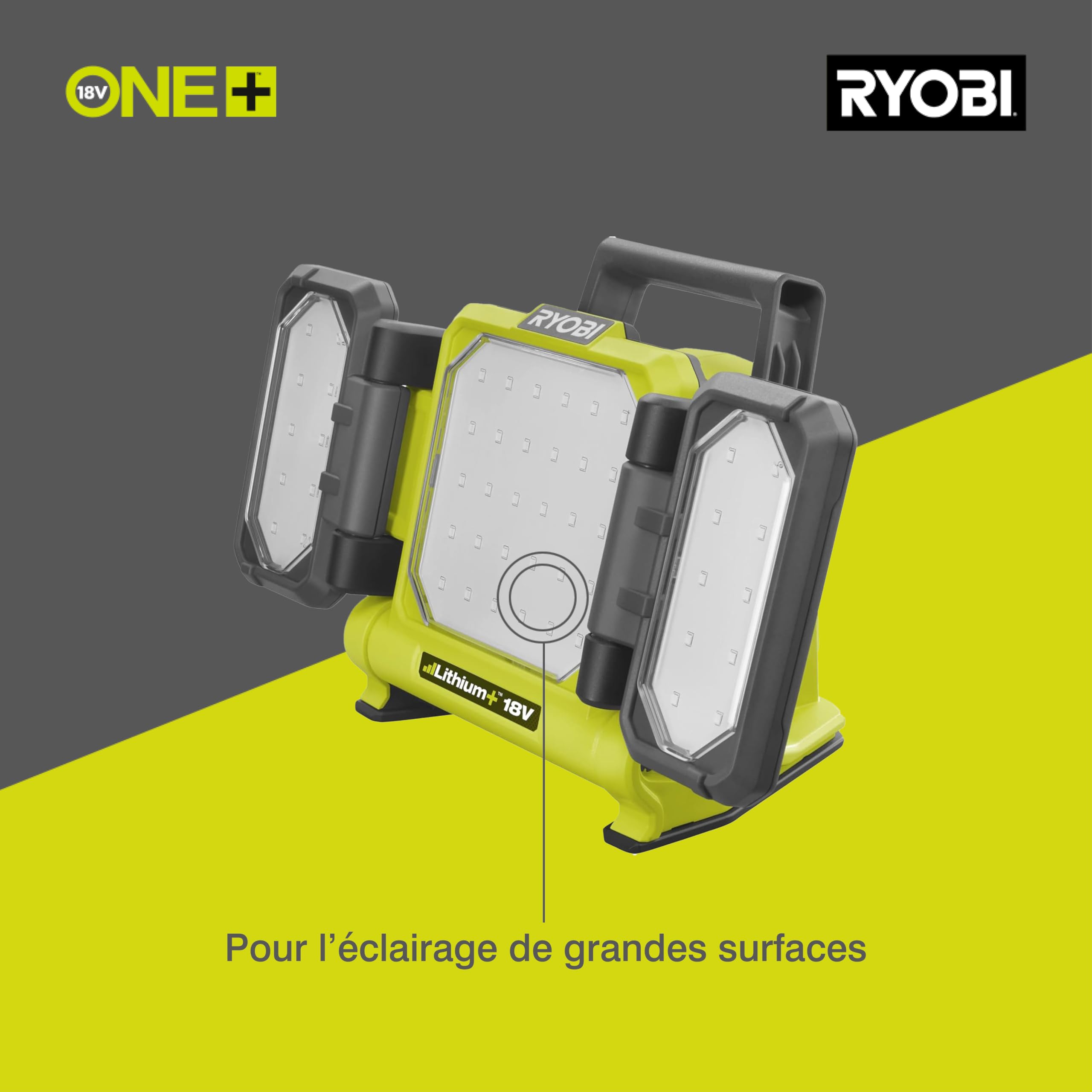 RYOBI - Lampe Triple panneau lumineux LED Sans Fil 18V ONE+ RLP18-0 – Tête Orientable, montage trépier possible, Compacte – Idéale Chantier, Garage, travaux peinture – Batterie Non Incluse