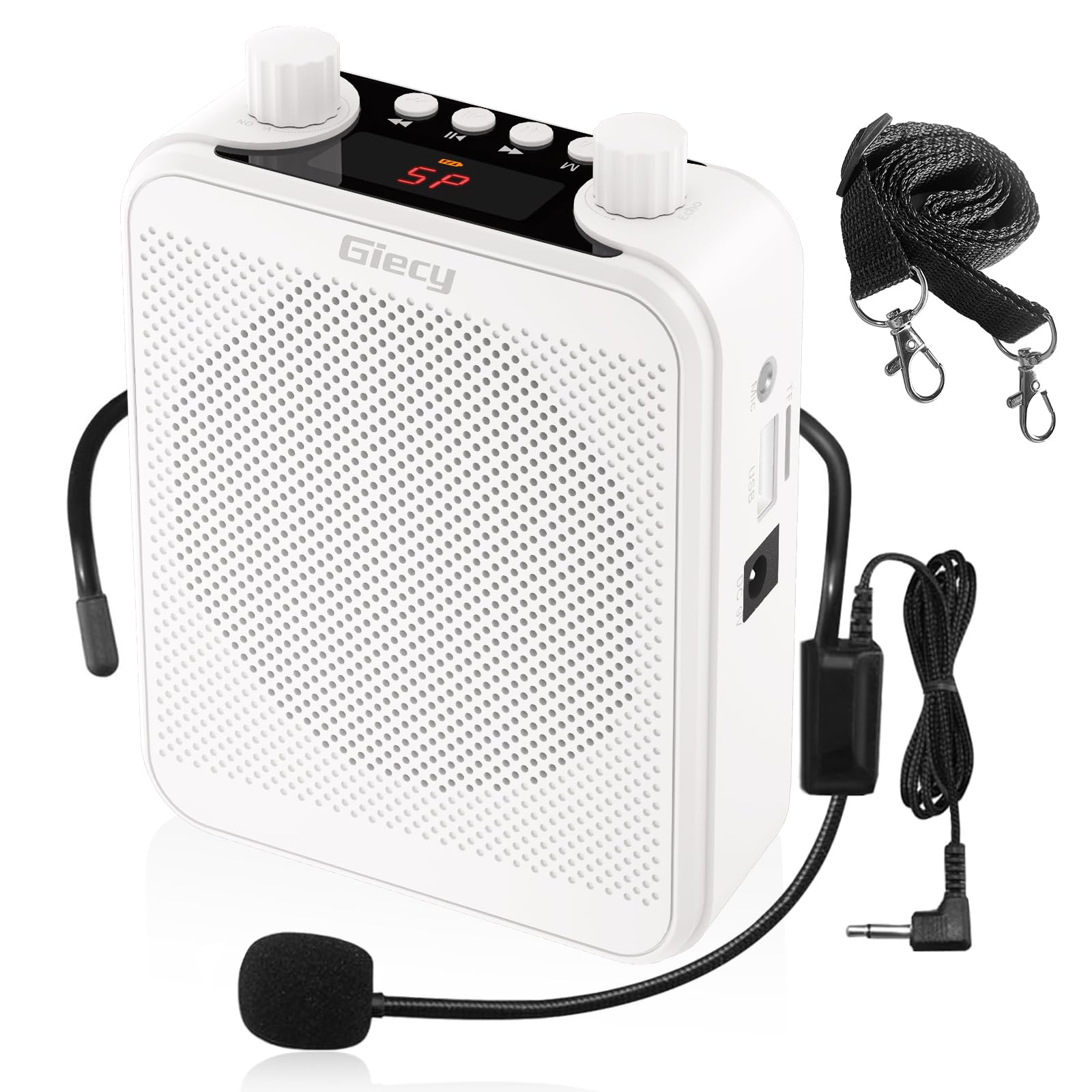Amplificatore vocale portatile con microfono Batteria ricaricabile 2800mah Sistema PA per insegnanti, guida turistica, allenatori, presentatori(Bianco)
