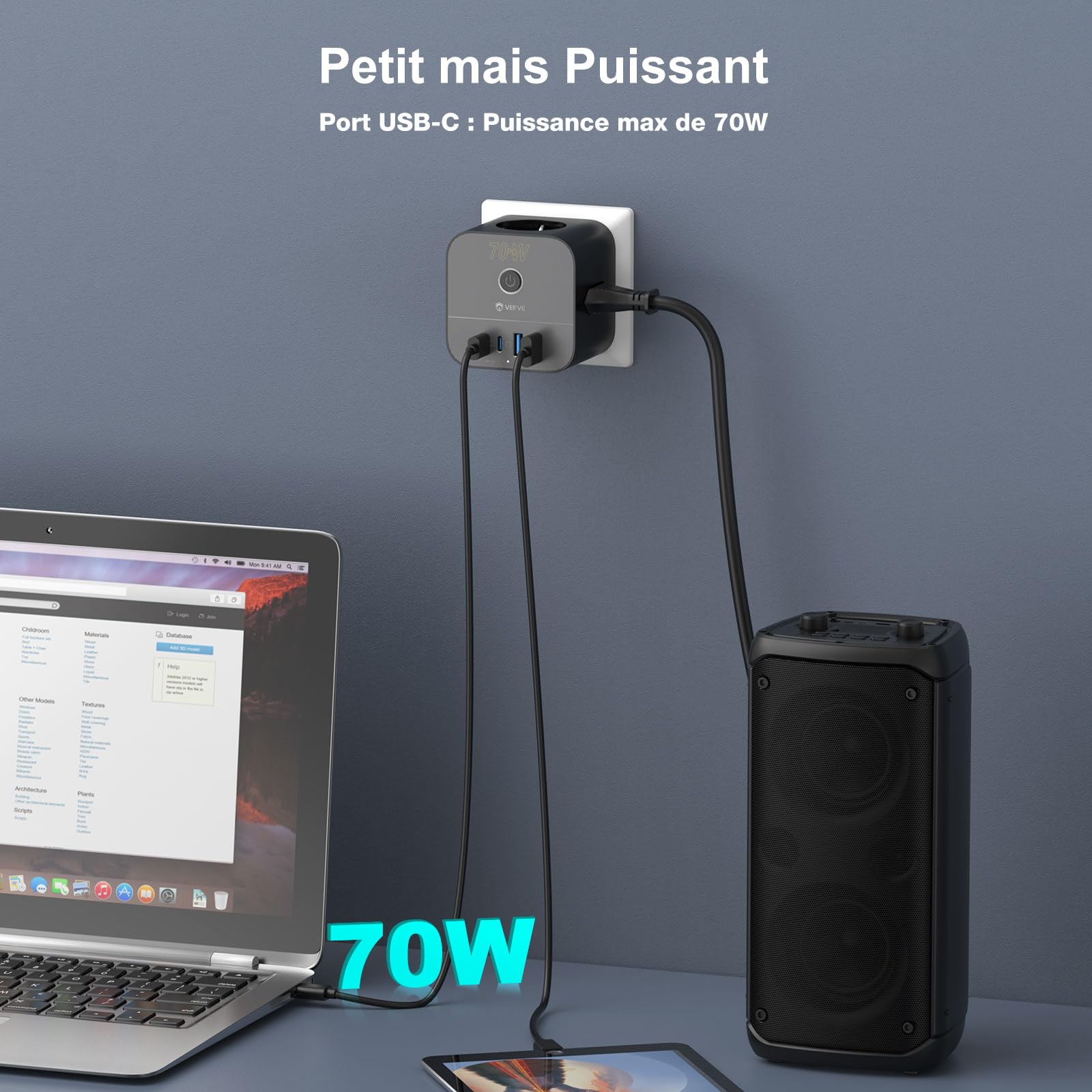 VEFVE Chargeur Rapide USB C 70W GaN III, Multiprise Cube 7 en 1 avec Interrupteur, Bloc Multiprise sans Fil (1 Prise Schuko, 2 Prises Euro, 4 USB) pour PC Portable, Téléphone, MacBook - Noir