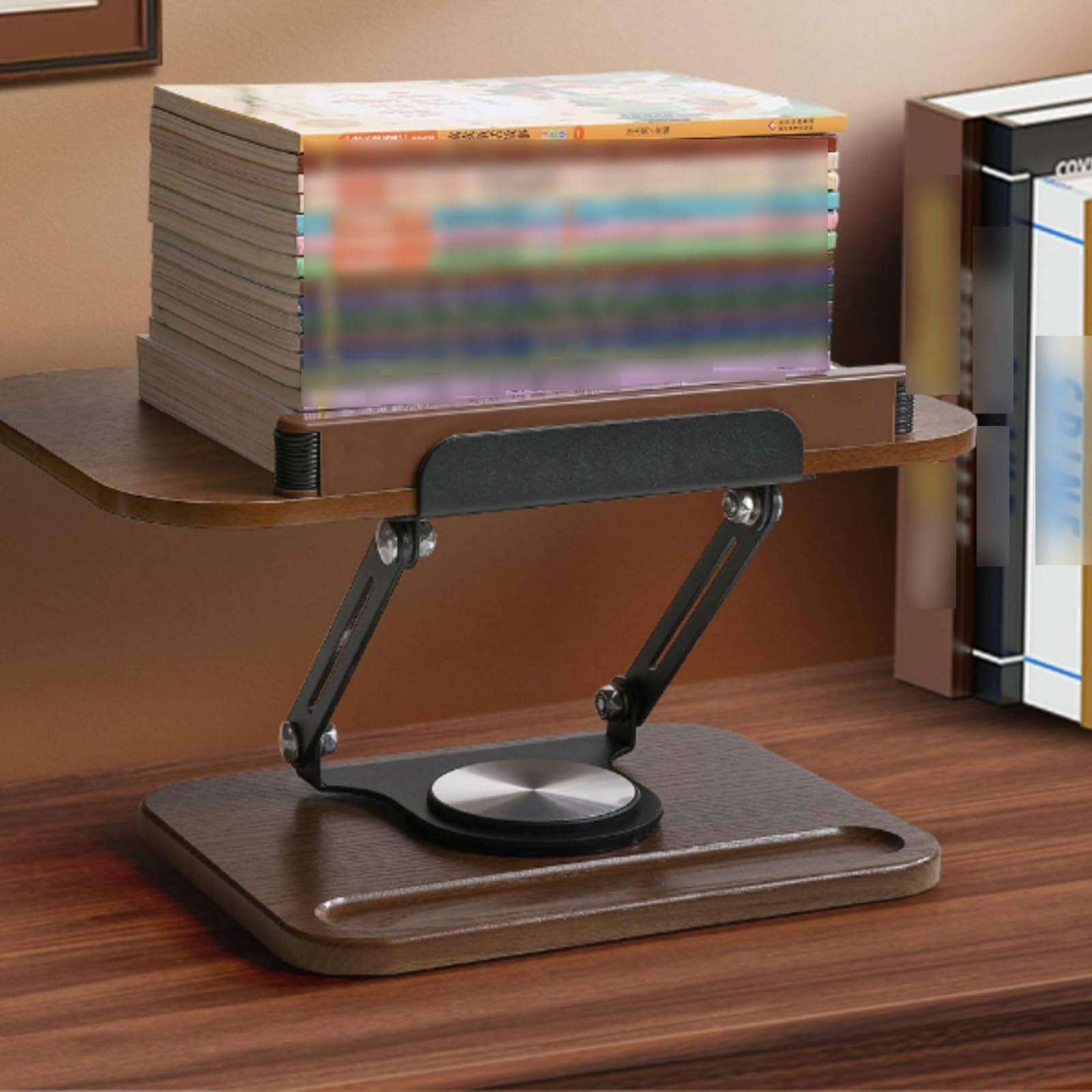 Atril Giratorio para Libros con Portadocumentos Soporte Ajustable Base Antideslizante Sujetapáginas Panel de Madera y Metálicos Rotación 360 Grados, color to 2, Grande