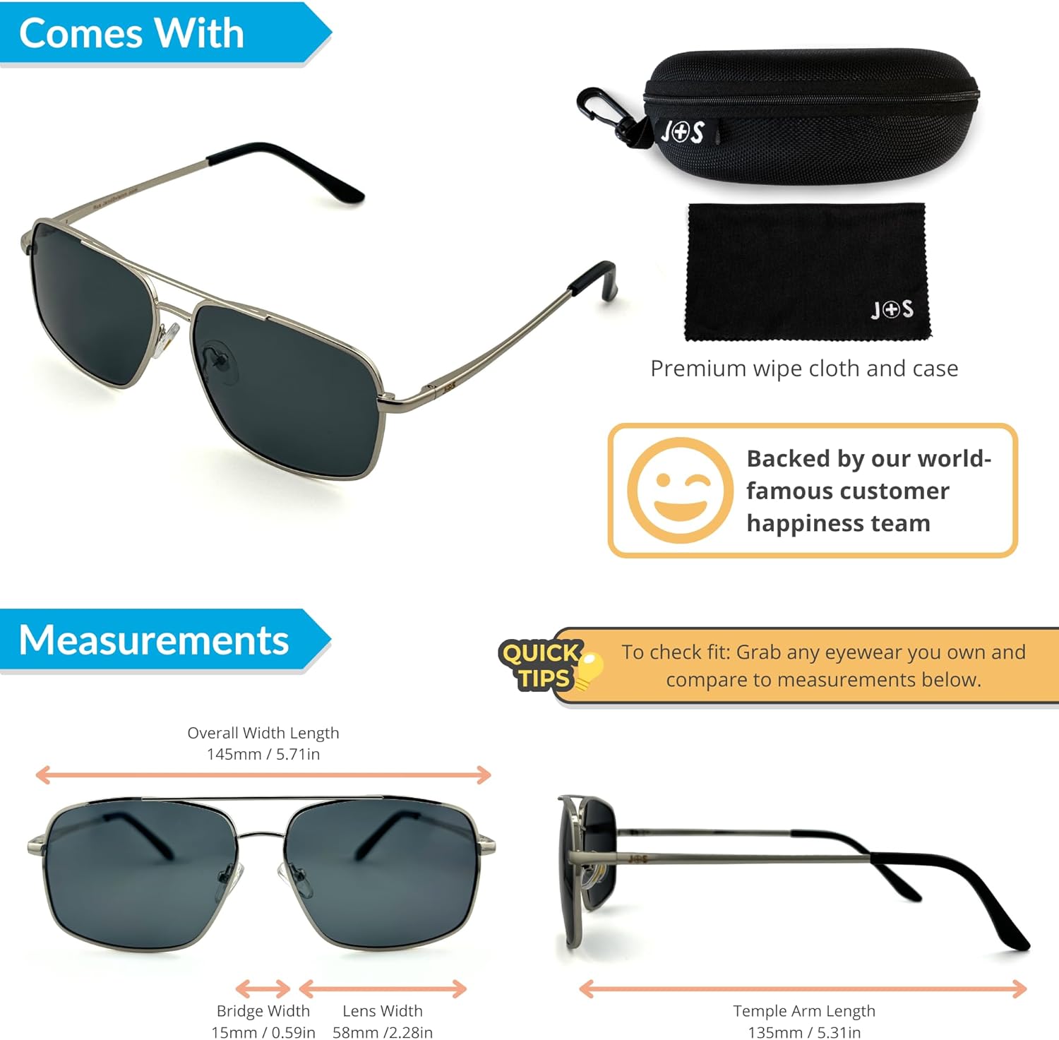 J+S Rua Retro Rectangle Aviator Polarized Sunglasses for Men | Metal Spring Hinge | Polarized 100% UV 400 | Medium-Large Fit - Image 4