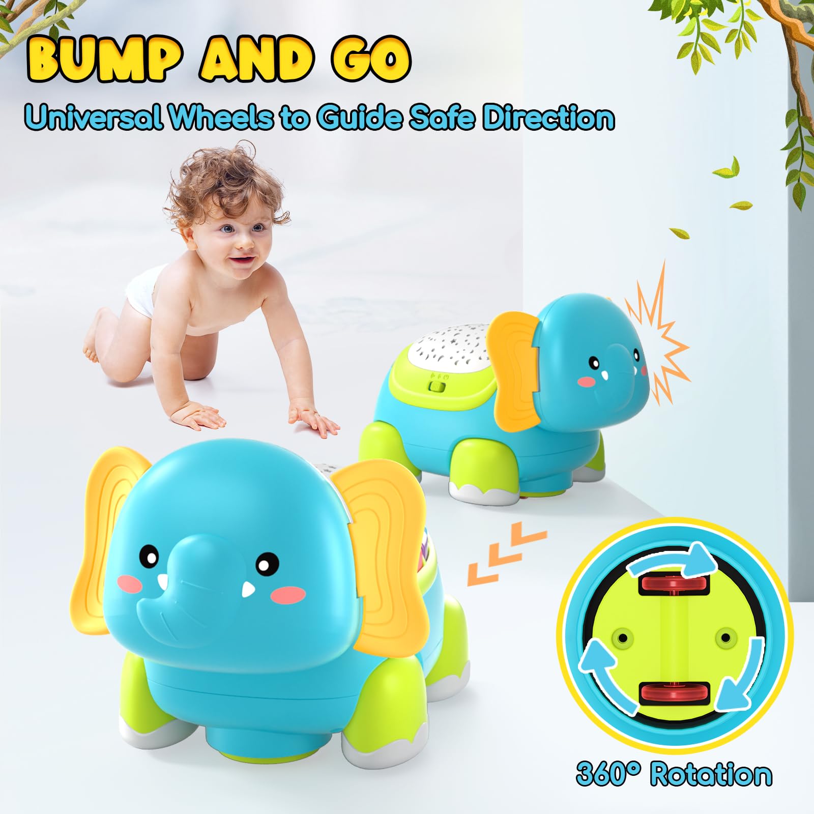 Lehoo Castle Elefanti Musicale Proiettore Giochi Bambini 1 Anno, Gioco per Gattonare con Musica e Luci, Regalo Giochi Neonato 3-6-9-12 Mesi, Idea Regalo di Compleanno Bambino