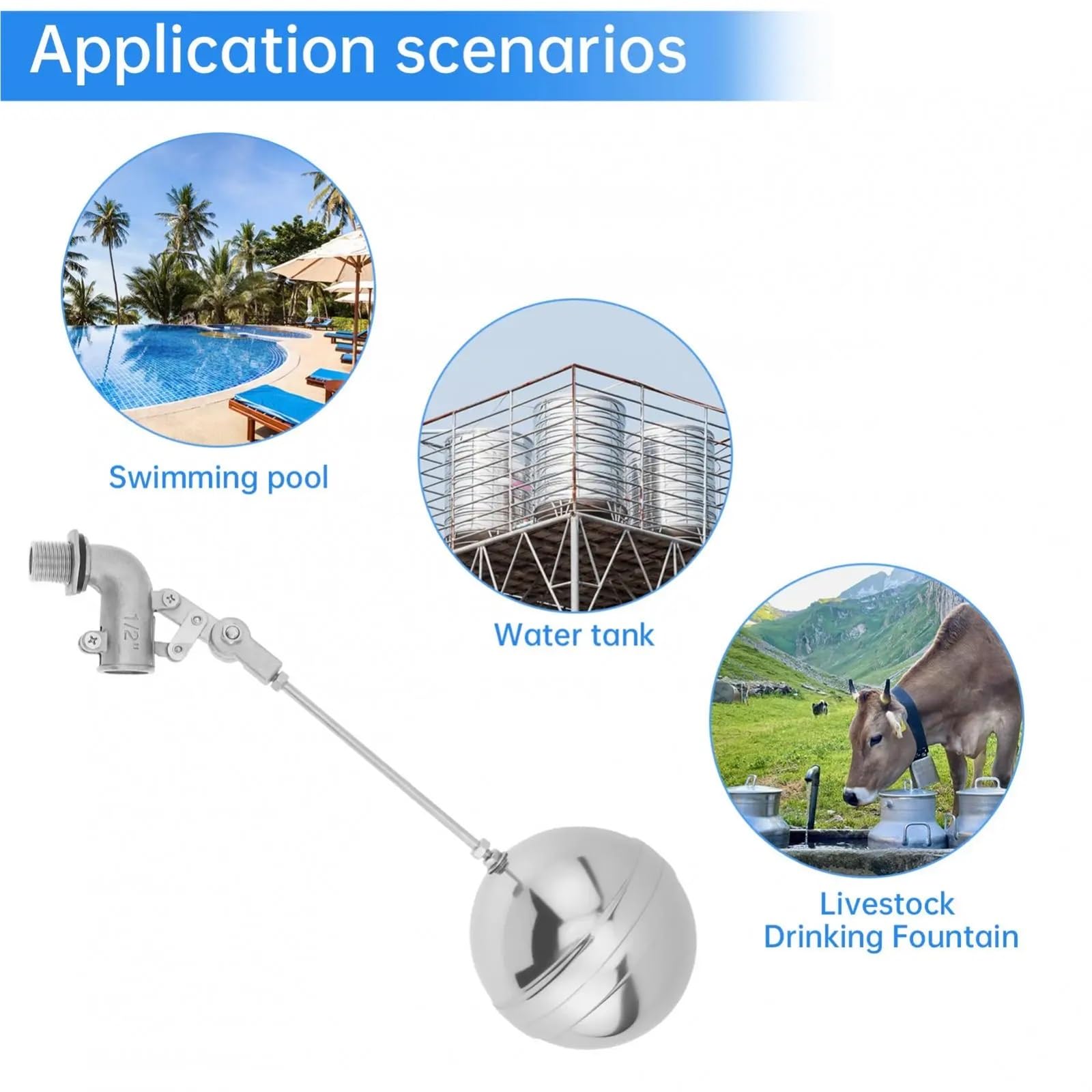 2 válvulas flotantes ajustables de acero inoxidable de 0.5 pulgadas para tanque de agua, equipo de ganado, bola de control automático de nivel