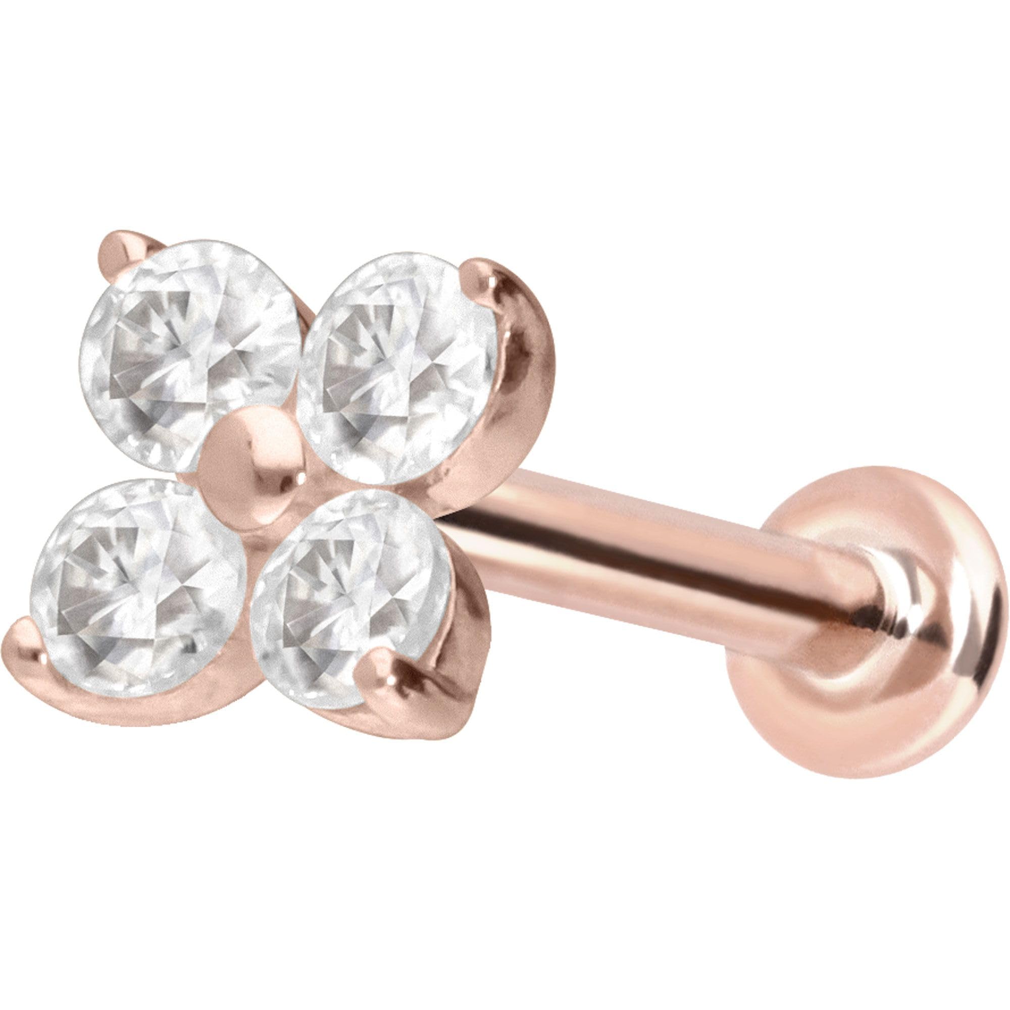 PIERCINGLINE Piercing Stecker 14 Gold Labret mit Push Fit MOISSANIT-BLUME 585er Gold - Roségoldfarben, Goldfarben, Silberfarben