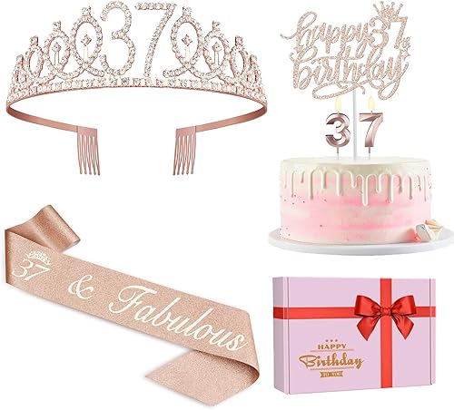 Miniatura 37 de Decoraciones de cumpleaños de 33 años para mujeres, incluyendo banda de cumpleaños, tiara/corona, velas numéricas y decoración de pastel, regalos