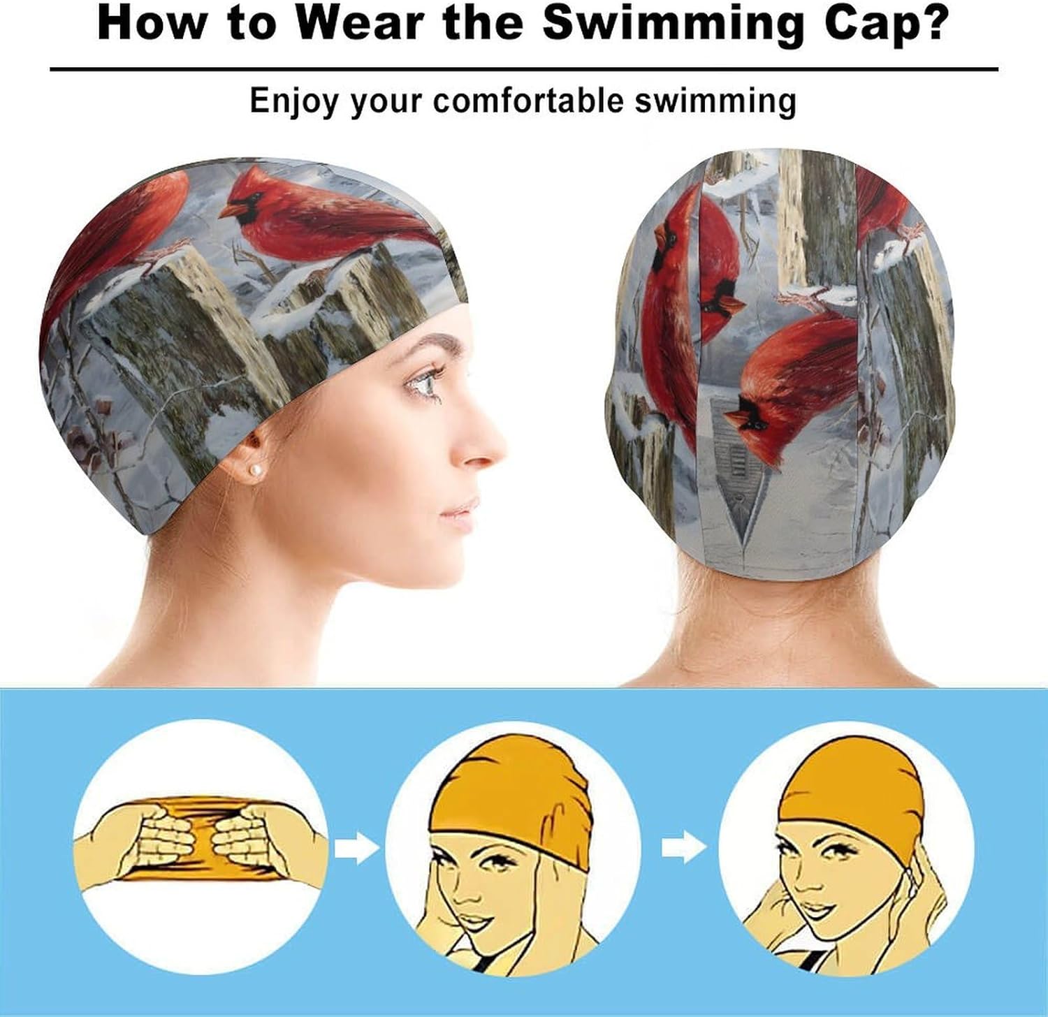 Cardinal Perched On Fence Winter Snowy Womens Swim Cap for Men Adult Swimming Hat Curly Short Medium Long Hair