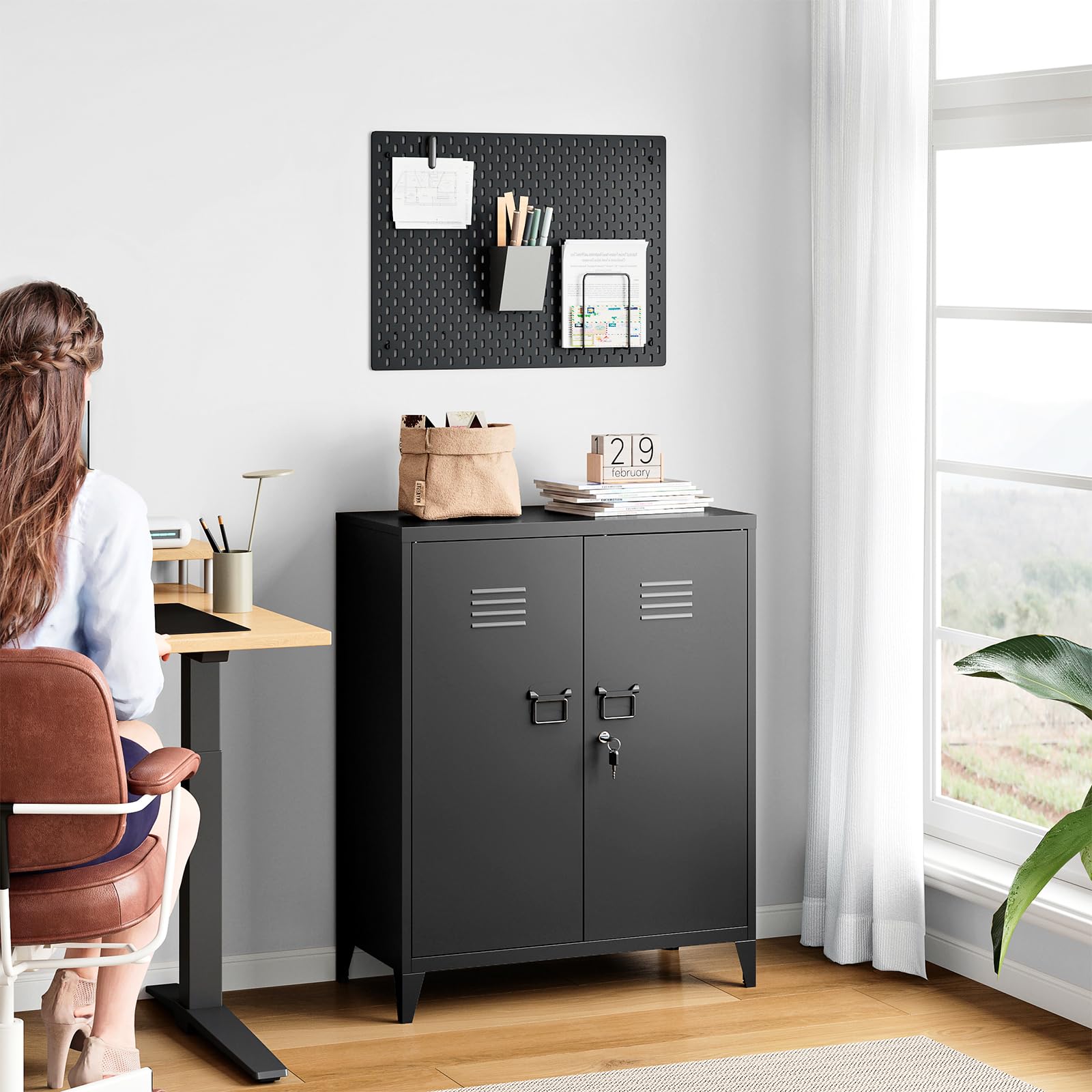 Sightlife Noire Armoires de Bureau,Placard Polyvalent, Meuble de Rangement en Acier, Bureau, Maison, école, Cuisine, Garage, Armoire Murale à Outils, 2 Portes 90 x 80 x 40 cm