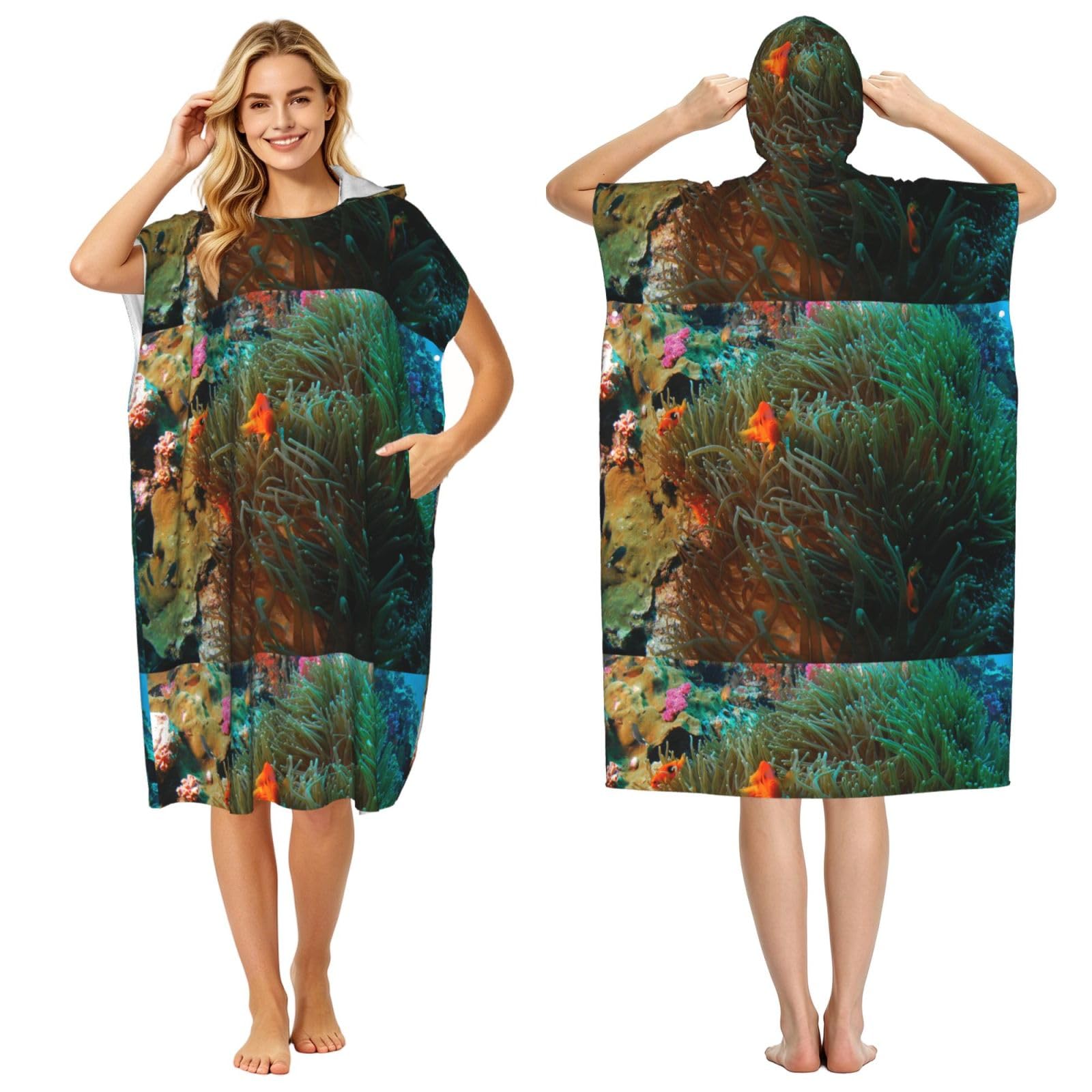 Poadnly Coral And Fish Printe, Adult Hooded Beach Towel 90 x 110 cm,Changing Bath Robe, Surf Poncho Towel For Women Men
