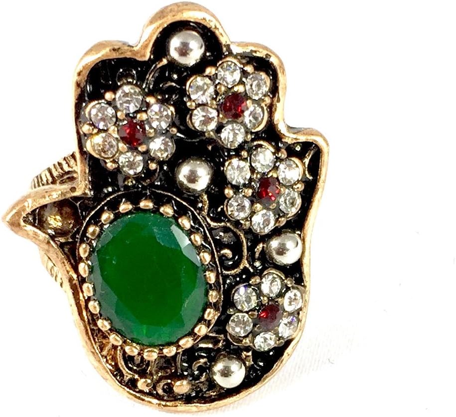 Samariya Turkish Vintage Inspired Hamsa Hand Red and Green Stones Stretch Adjustable Ring