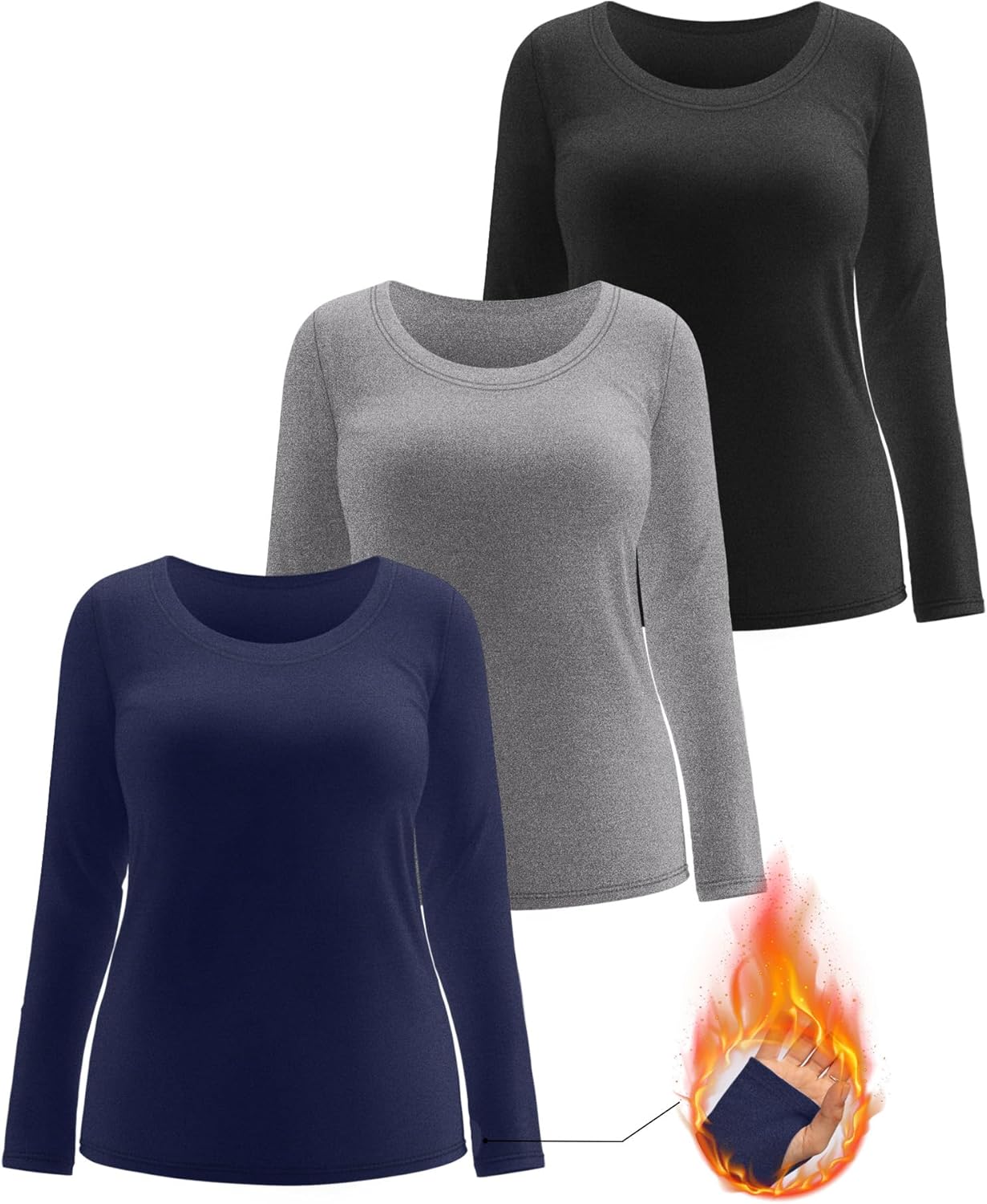 3 Pack Women's Plus Size Thermal Shirts Fleece Lined Long Sleeve Crew Neck Tops Slim Fit Shirts with Thumb Holes - Image 3