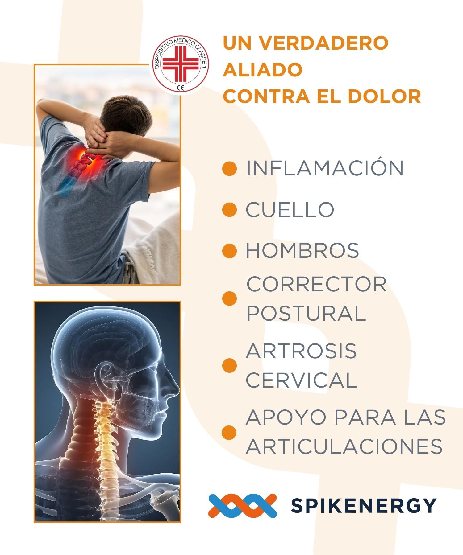 Spikenergy Corrector Postura Espalda Electro Magnetoterapia - Espalda Recta, Cervicales y Cuello, Dispositivo Médico Deducible - Made in Italy, Beige M