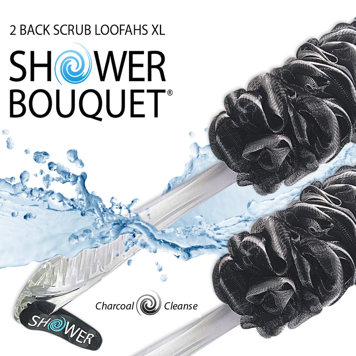 Loofah-Charcoal Back-Scrubbers 2-Pack by Shower Bouquet: Long-Handle Bath-Sponge-Brushes with Extra Large Soft Mesh for Men & Women - Exfoliate with Full Pure Cleanse in Bathing Accessories : Beauty & Personal Care