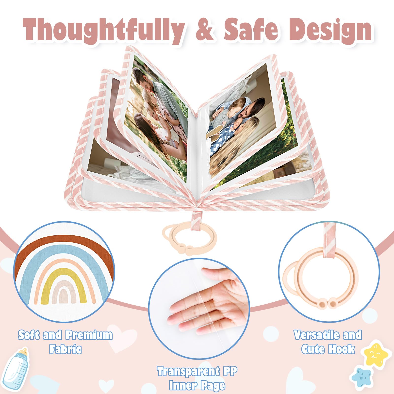 Lanpn Baby Photo Album Holds 17 6x4 Pictures, My First Soft Cloth Family Photo Book with Name Card Name Tag Stickers, Fabric Kid Memory Keepsake Gift for Baby Shower Newborn Toddler Boy Girl (Rainbow) - 3