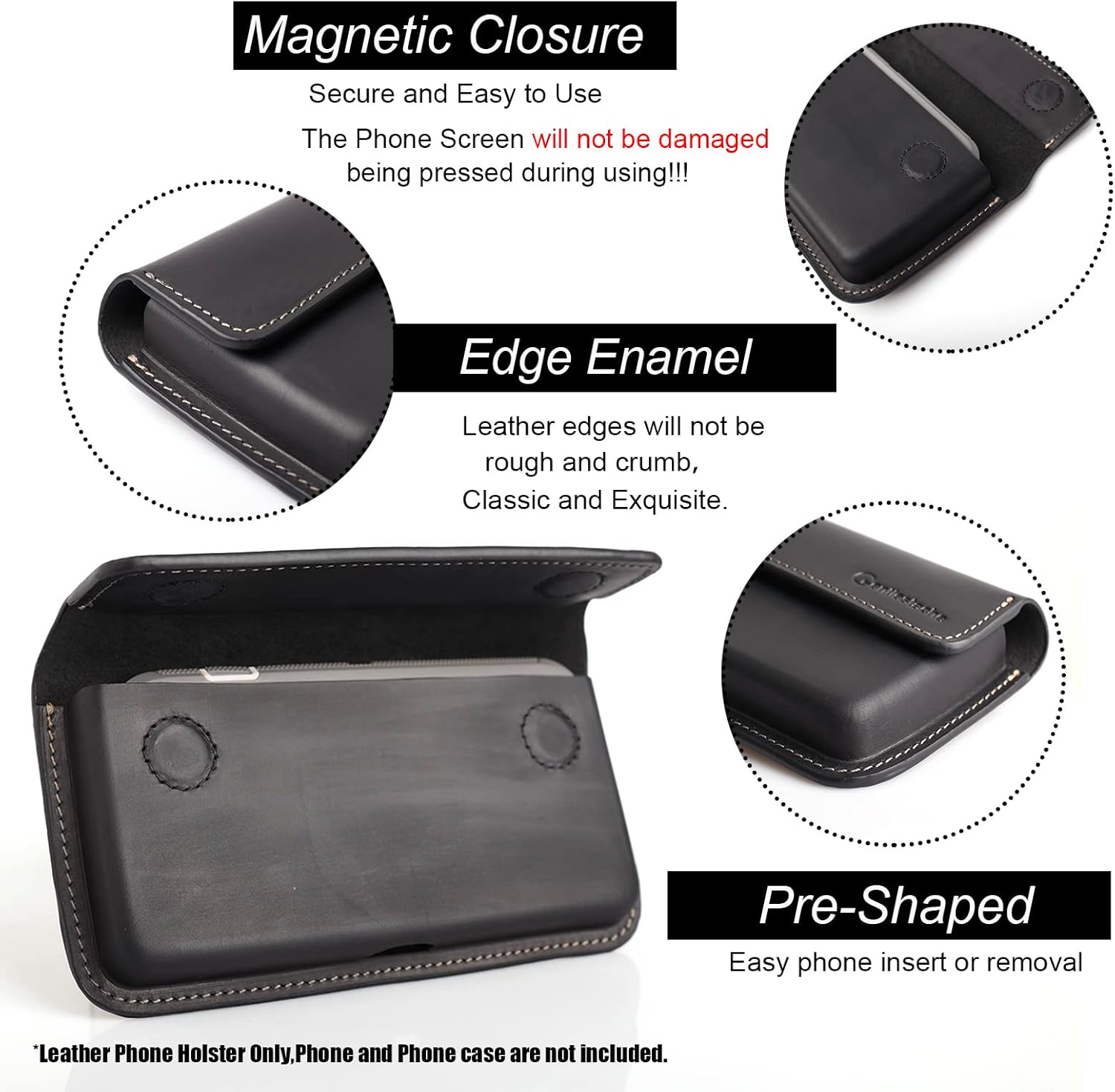 Gentlestache Large Leather Phone Holster for iPhone 14 Pro 13 Pro, Flip Cell Case Galaxy S23 S22, Belt Holder with Clip, Pouch Protective Case, Black (FBA-JL0001PH0002) - Image 3