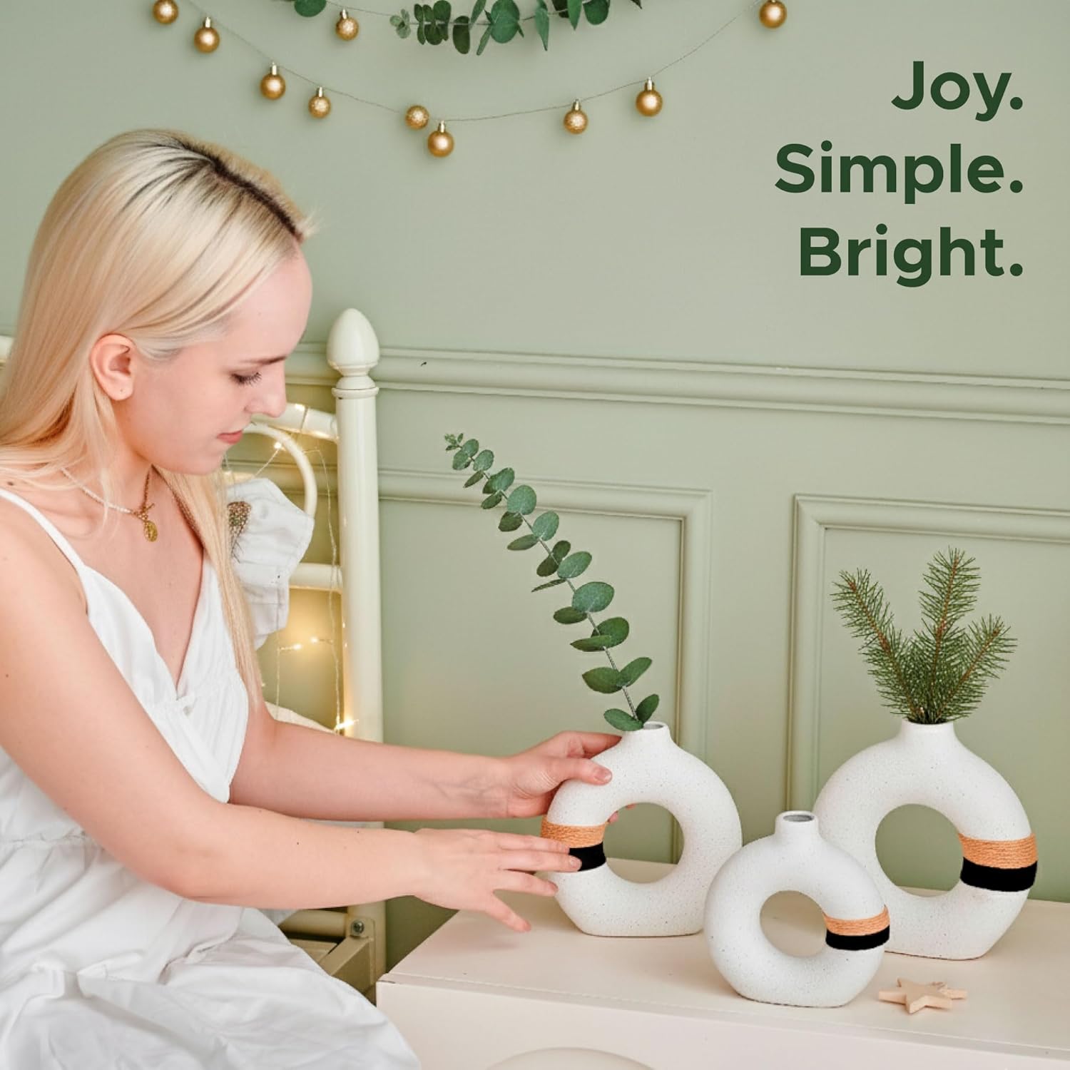 Decorative Modern Donut Shape Ceramic Vase, 3 Vases Included, Size S, M, L