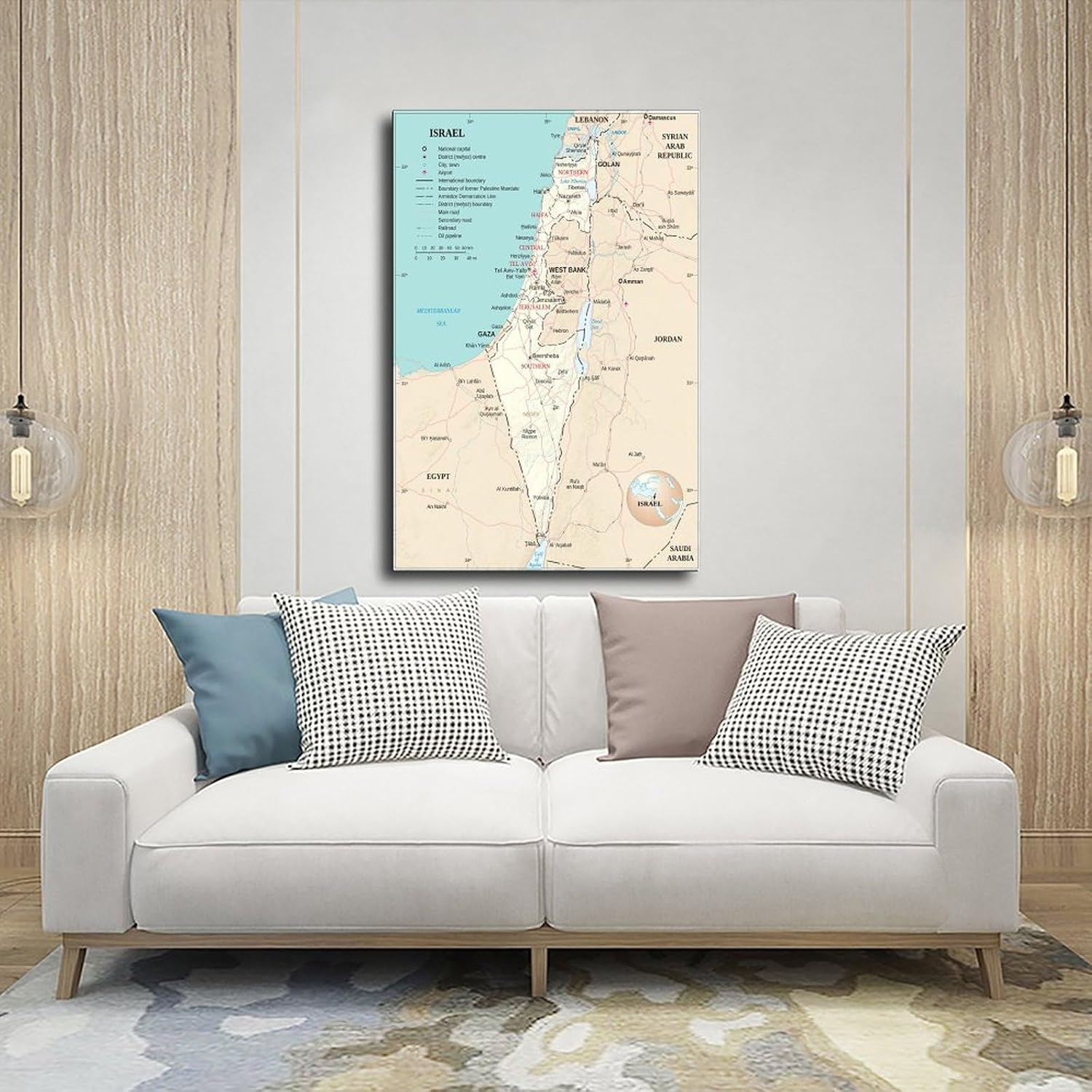 Map of Israel Today Based on UN Map Classic Painting Reproduction Prints Canvas Poster Landscape Wall Art for Living Room Bedroom Office Room Decor Gift 24x36inch(60x90cm) Frame