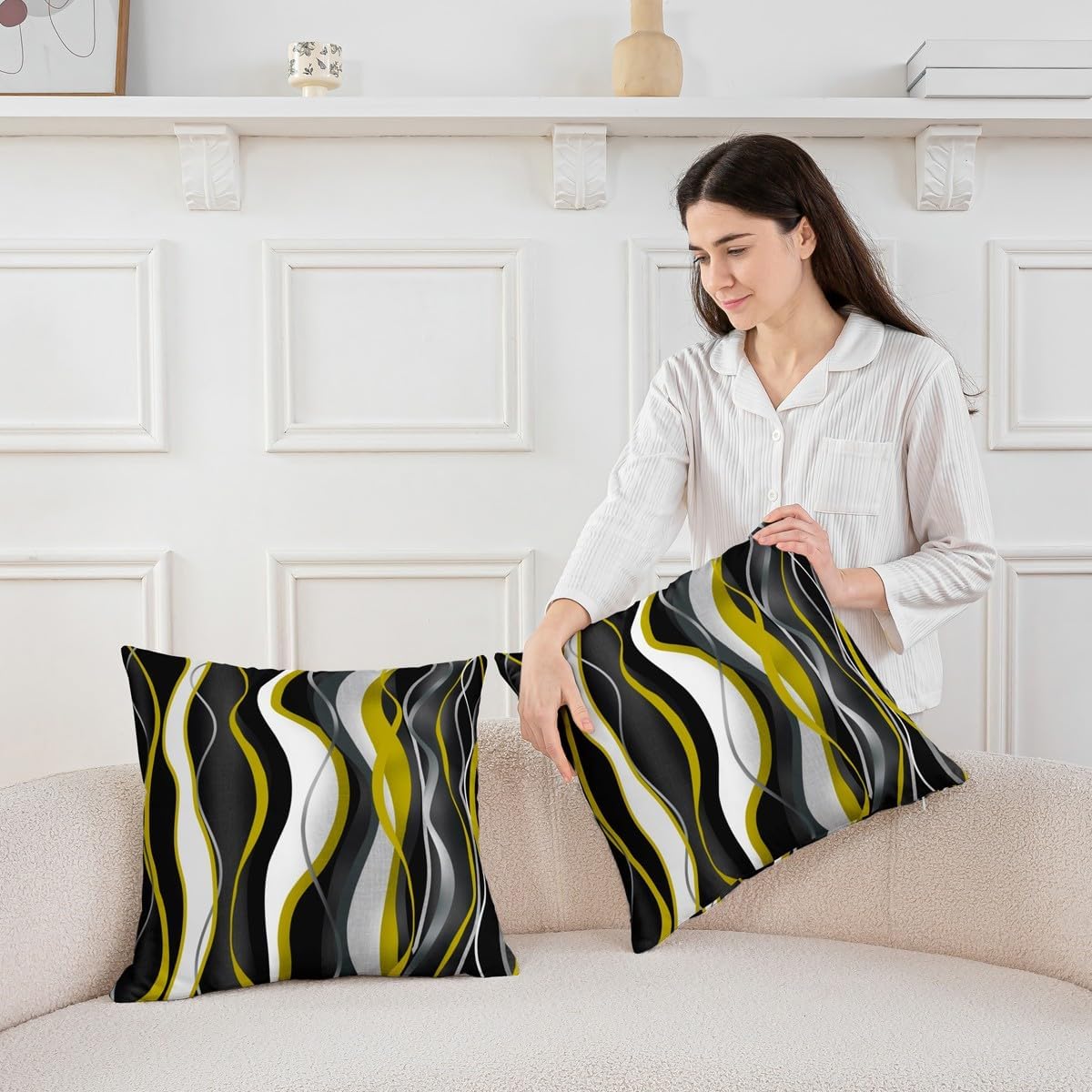 Feelyou Geometric Throw Pillow Covers 18"x18" Set of 4 Soft White Yellow Black Grey Lines Cushion Covers for for Couch Sofa Modern Abstract Art Decorative Pillowcases Outdoor Pillows Covers