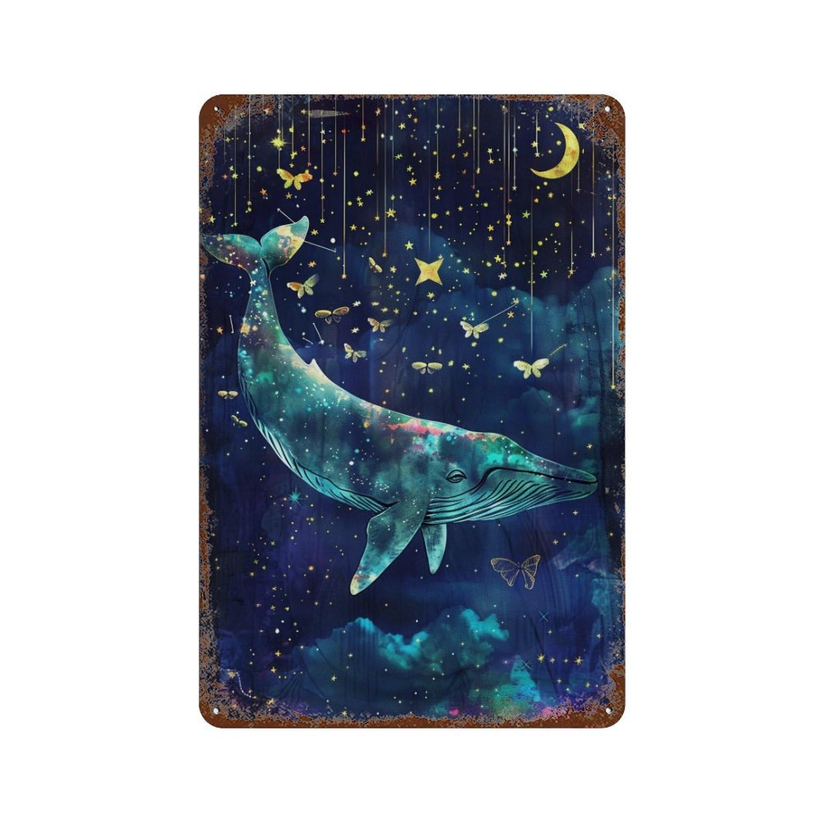 Rusty Metal Tin Sign Whale Dreams in Starry Night 11.8"x7.9", Rustic Home Decor for Shed, Workshop And Garage Wall Decor