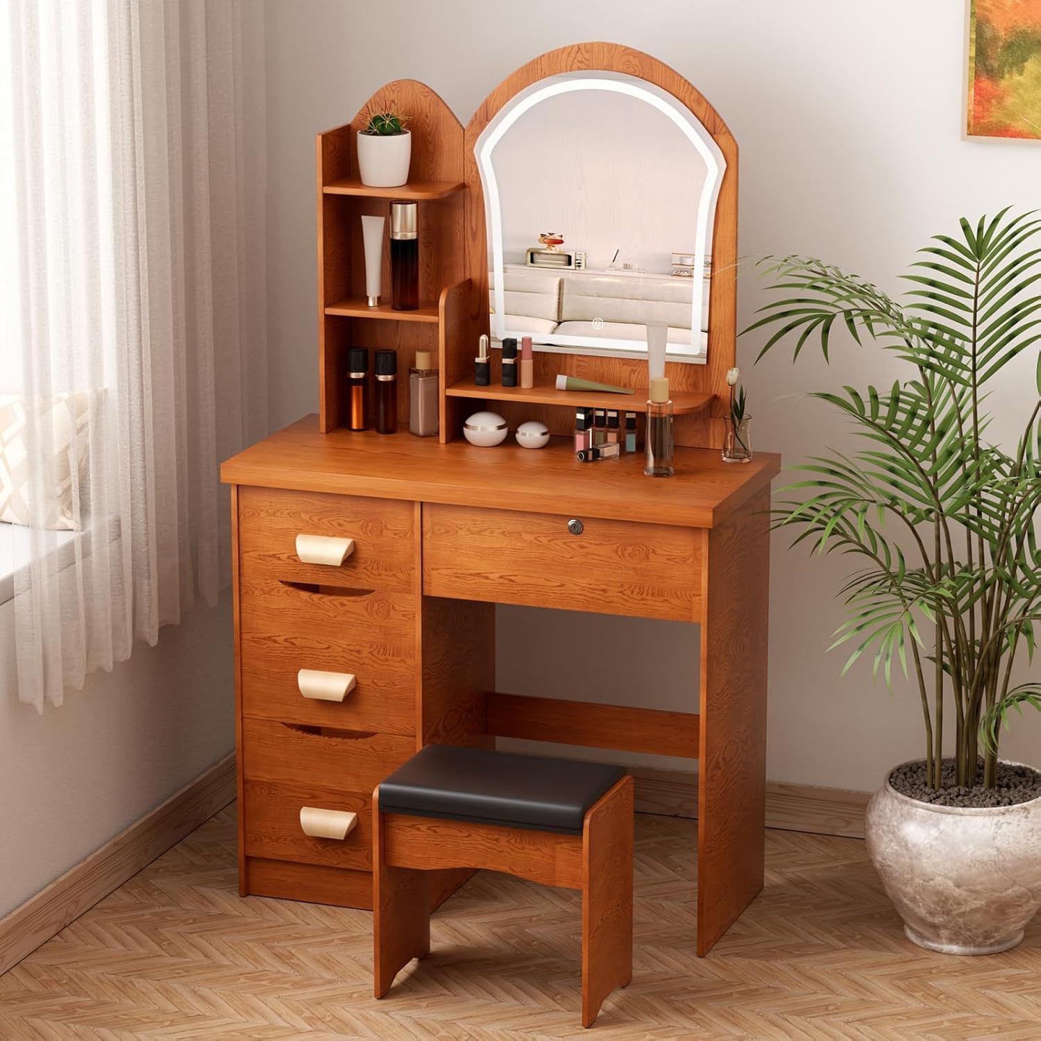 Makeup Vanity with Dimmable 3 Color Led Lighted Mirror, Vanity Desk with 4 Drawers and Open Shelves, Bedroom Makeup Desk with Stool Suitable for Small Homes Wooden Color
