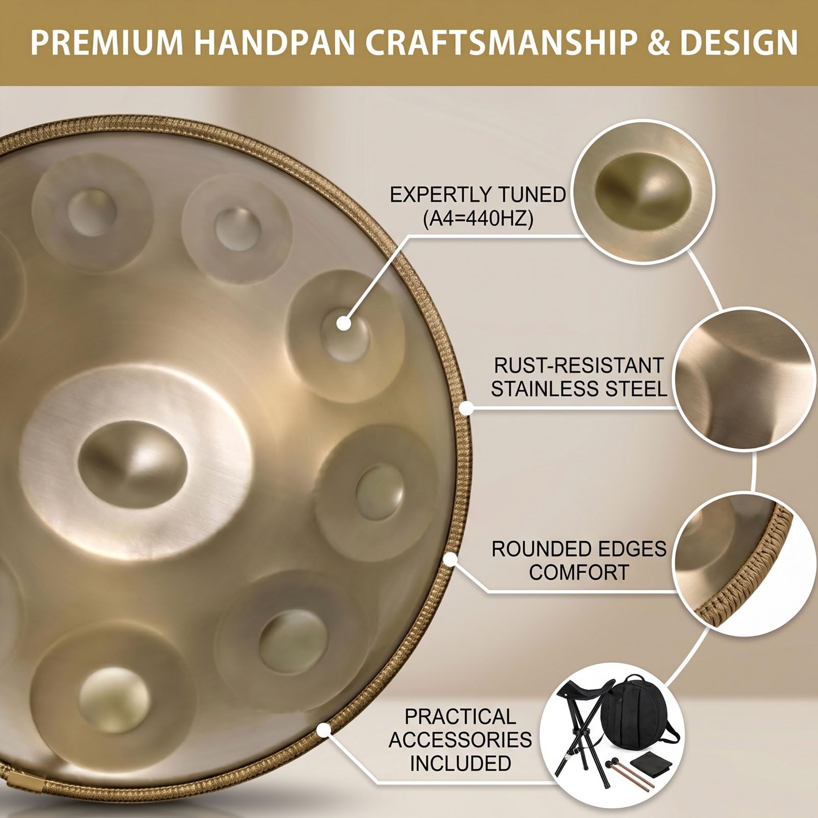 Handpan Drum – Tambour à main professionnel en acier azote avec support, sac à dos de transport, baguettes et chiffon de nettoyage – 55,9 cm – 440 Hz – 10 notes – Doré