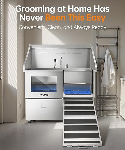 Miniatura 8 de POLIMO Estación de lavado de perros, estación de baño profesional LED de acero inoxidable de 50 pulgadas, bañera de aseo para perros grandes,