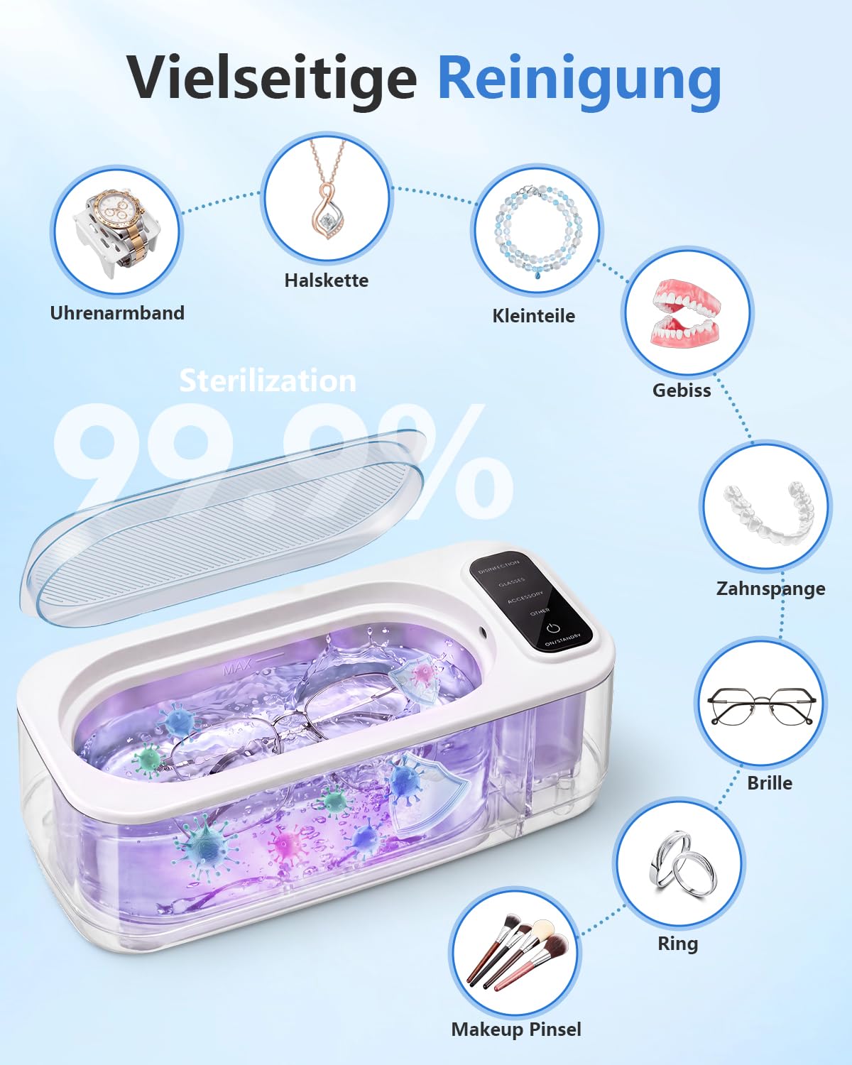 Ultraschallreinigungsgerät mit U-V, Ultraschallreiniger Brille,55KHz Schmuckreiniger Ultraschall, 350ML Ultraschall Reinigungsgerät, Cleaner mit 4 Modi für Schmuck, Zahnschiene, Schmuck,Uhren
