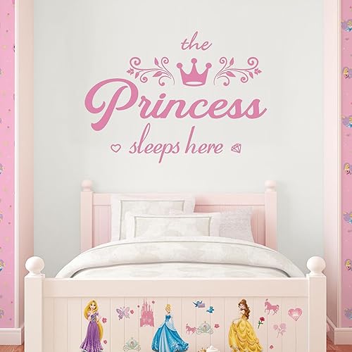 Adhesivos de pared, calcomanía de pared de princesa Sleep Here, decoración de pared de corona para niñas, calcomanías de pared extraíbles para