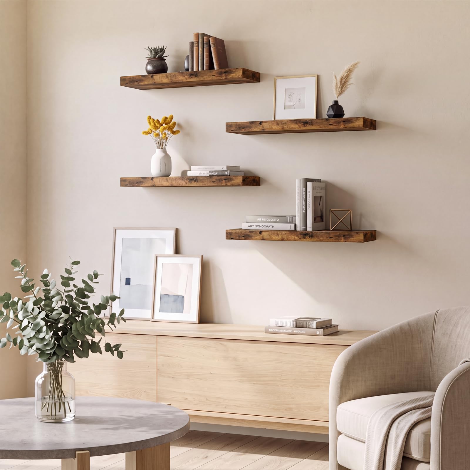 Fixwal Estantes flotantes de 15.8 pulgadas, juego de 4 estantes de pared con acabado de madera rústica para decoración de pared, con soportes invisibles para baño, sala de estar, dormitorio y cocina