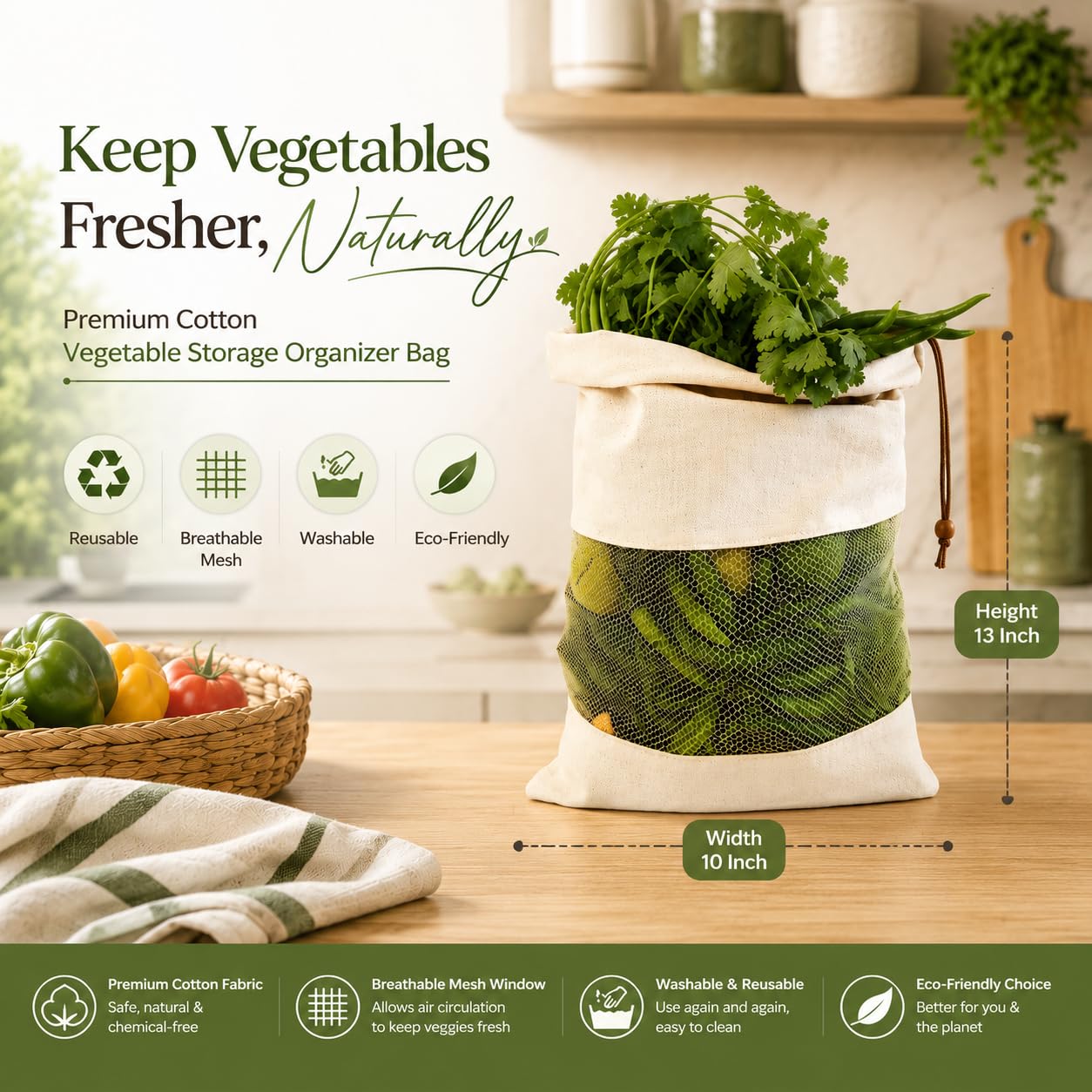 Organic Cotton Produce Bags - Reusable & Washable -3