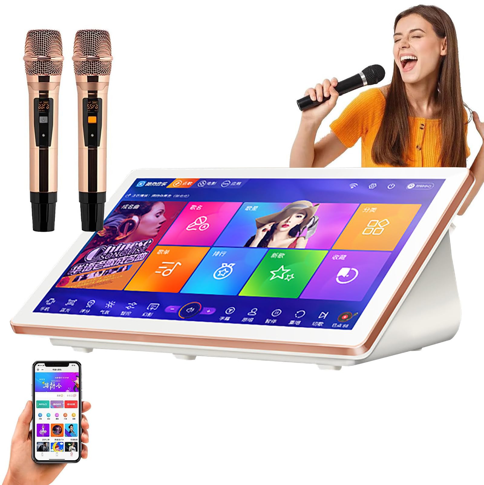 Siste-ma Karaoke Portatile Da 18,5", Macchina Karaoke Con Touchscreen Capacitivo, 2 Microfoni Wireless, Amplificatore/Microfono/Unità Riverbero Integrata, Per Riunioni Di Famiglia, Bar, Ktv White-500G
