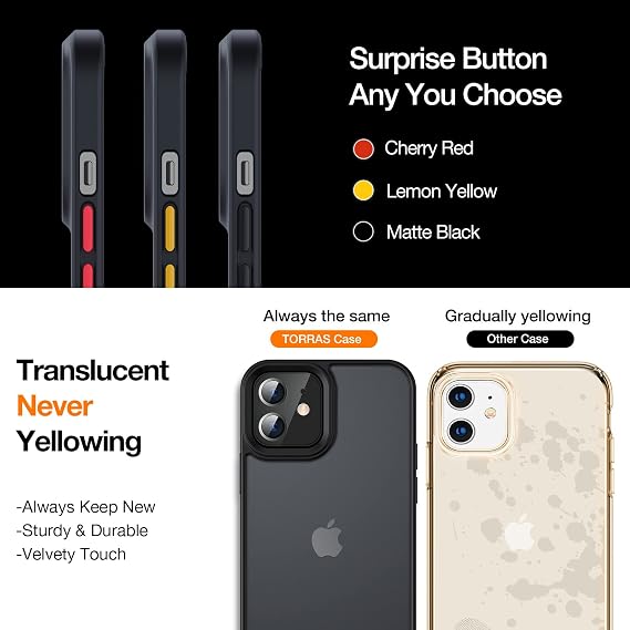 TORRAS Military Shockproof for iPhone 12 Case/iPhone 12 Pro Case, Strong Protective yet Slim Thin Translucent Hard Back with Silicone Bumper Case Guardian Series-Black
