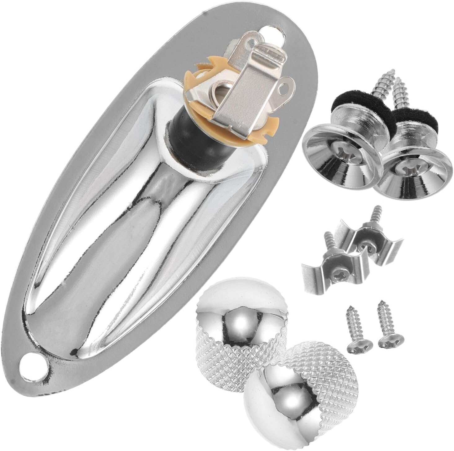 ABOOFAN Electric Guitar Accessories Kit – Boat Style Output Jack Endpin, Strap Button Set, Volume Tone Control Knobs, Silver – Replacement Hardware for Electric Guitar Maintenance