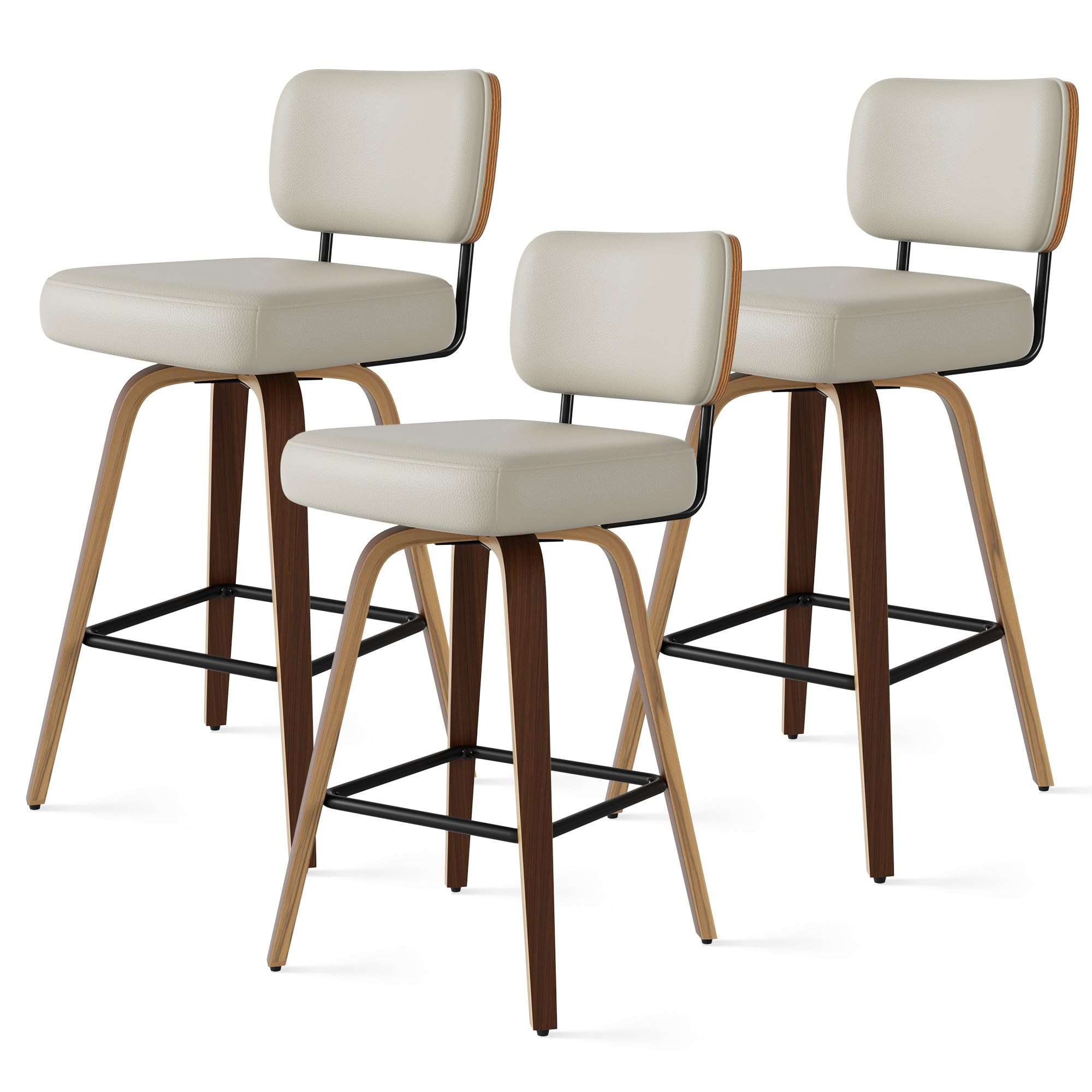 YUUIJOAA Drehbarer Barhocker 3er Set mit Rückenlehne, 65cm Sitzhöhe PU-Leder & Massivholz, Mid-Century-Design mit 4 Beinen und Fußstütze, Barstühle für Küche und Bar in Graubeige