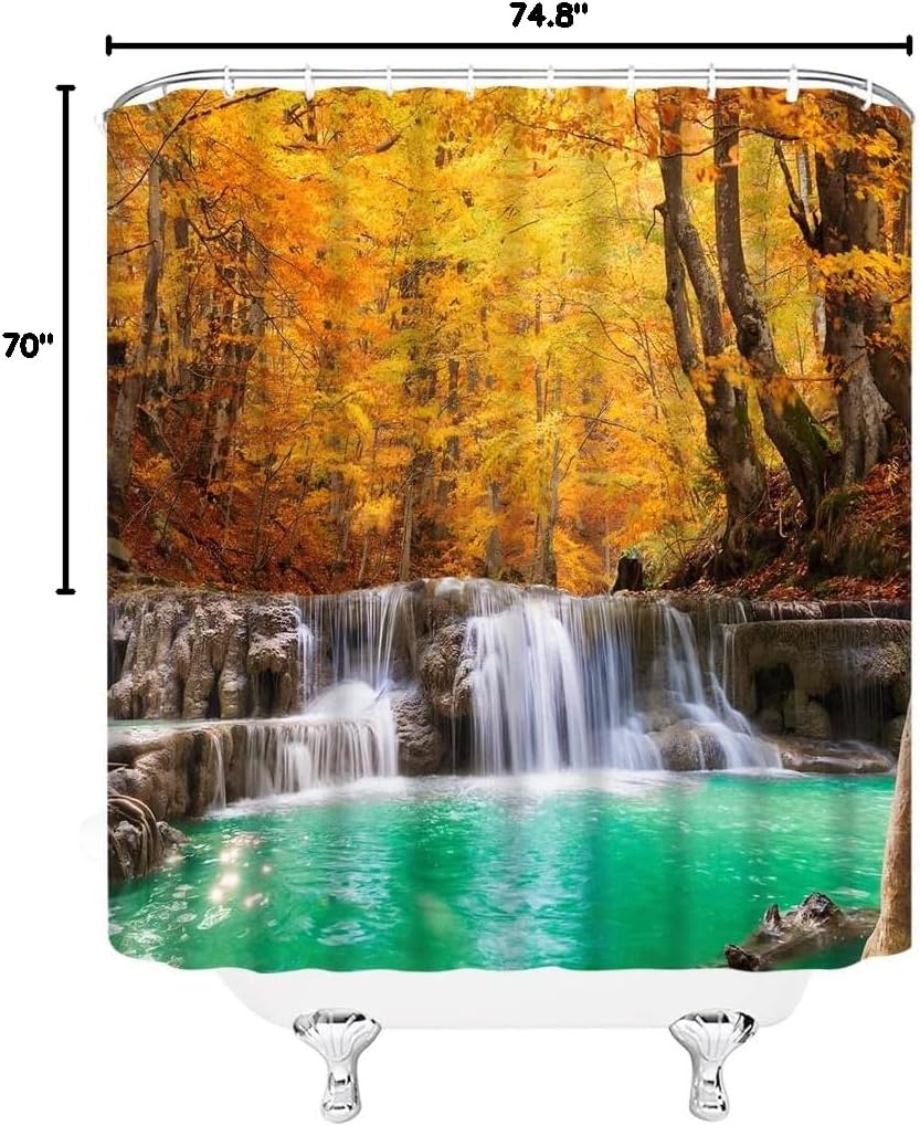 Waterfall Shower Curtain Nature Scenery Green Forest Tree Lake Fabric Bathroom Decor with Hooks(74.8" Wx70 H)