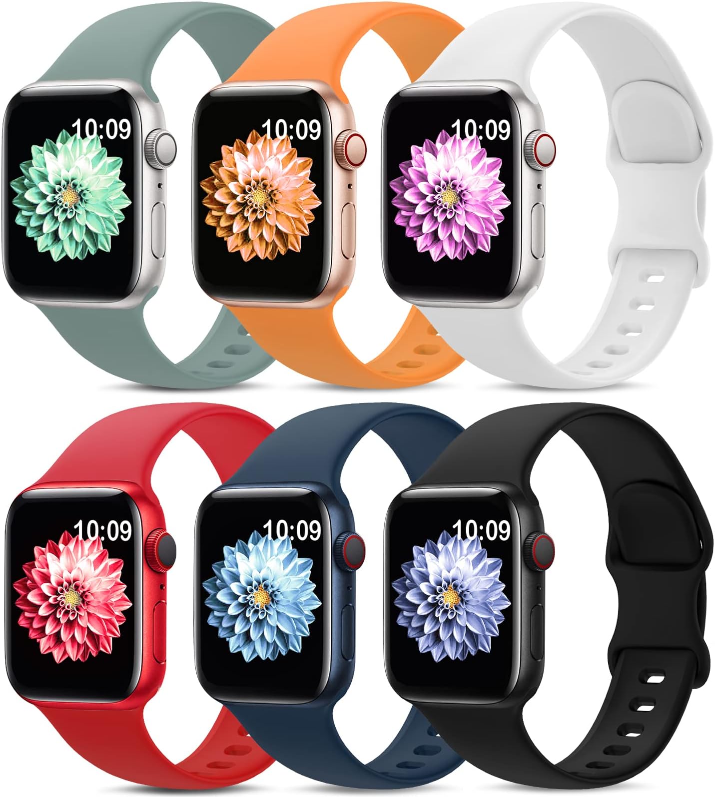 6 Pack Sport Bands Compatible with Apple Watch Band 38mm 40mm 41mm 42mm 44mm 45mm,Soft Silicone Waterproof Strap Wristbands Compatible with iWatch Apple Watch Series 7 6 5 4 3 2 1 SE Women Men