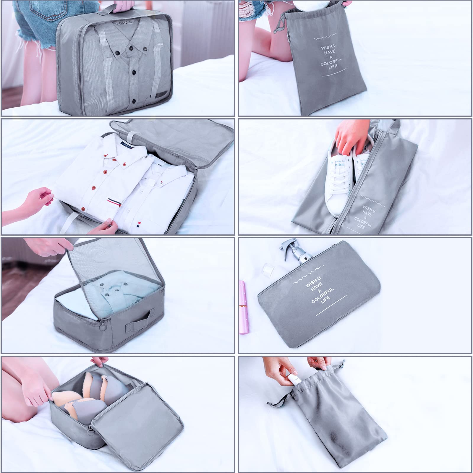 Set Organizer Valigie Viaggio 8 Pezzi, Cubi di Imballaggio Impermeabili, Organizer Valigia per Vestiti Scarpe Cosmetici Intimo, Borse da Viaggio Grigio