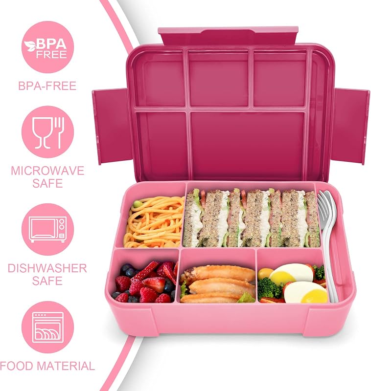 IJIAMY Gyerekek Ebéddoboza Rekeszekkel, 1300ml Szilikon Bento Box Óvodához és Iskolához, Légmentes Ételhordó Rózsaszín