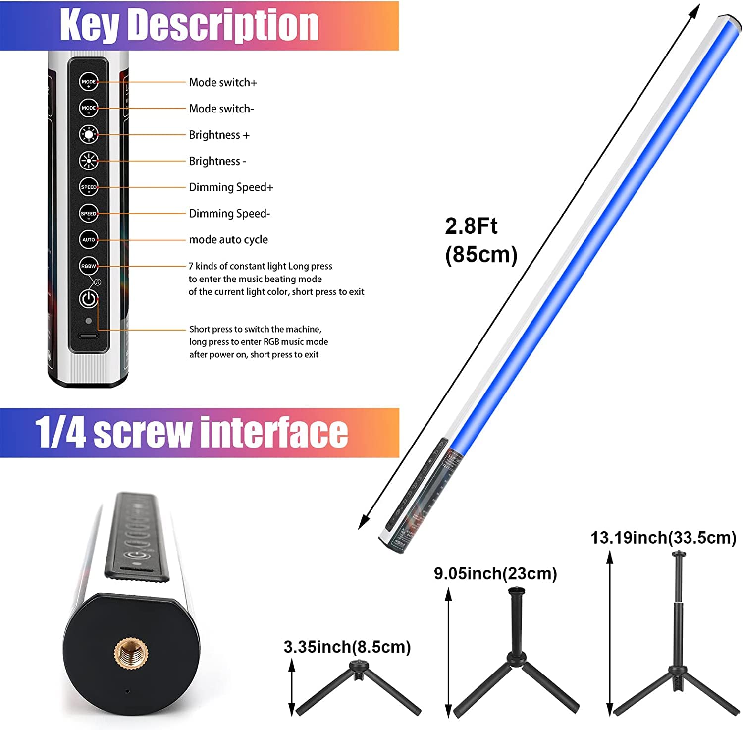 Lampe vidéo LED Portable avec trépied, 2 Pièces LUXCEO Barre lumineuse à tube RVB , intensité Variable et mémoire, Batterie intégrée 2000 mAh, Lampe Photo RVB pour DJ,Youtube, TikTok, Jeu en Streaming